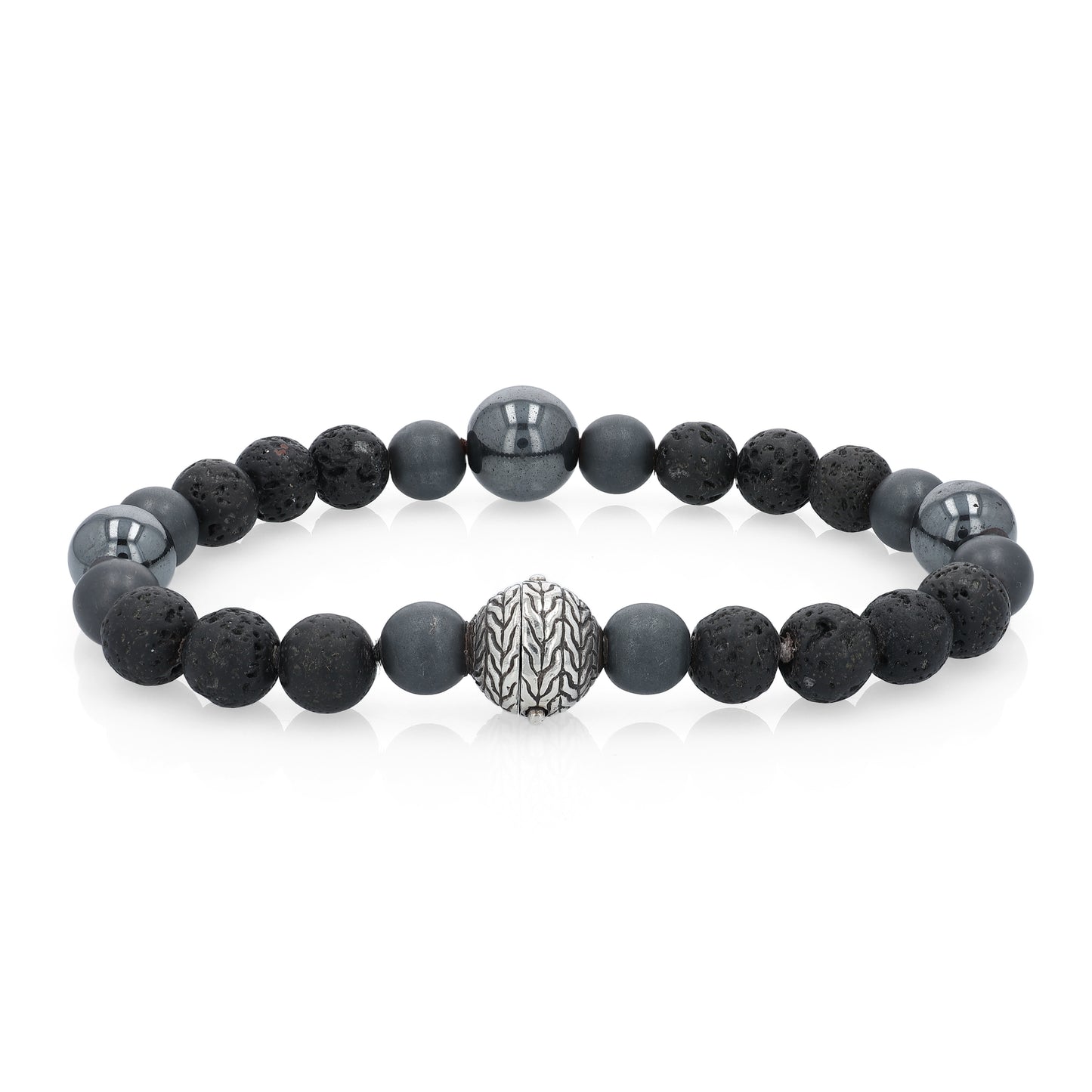 Alternate angle of a black beaded John Hardy bracelet with a silver clasp on a white background