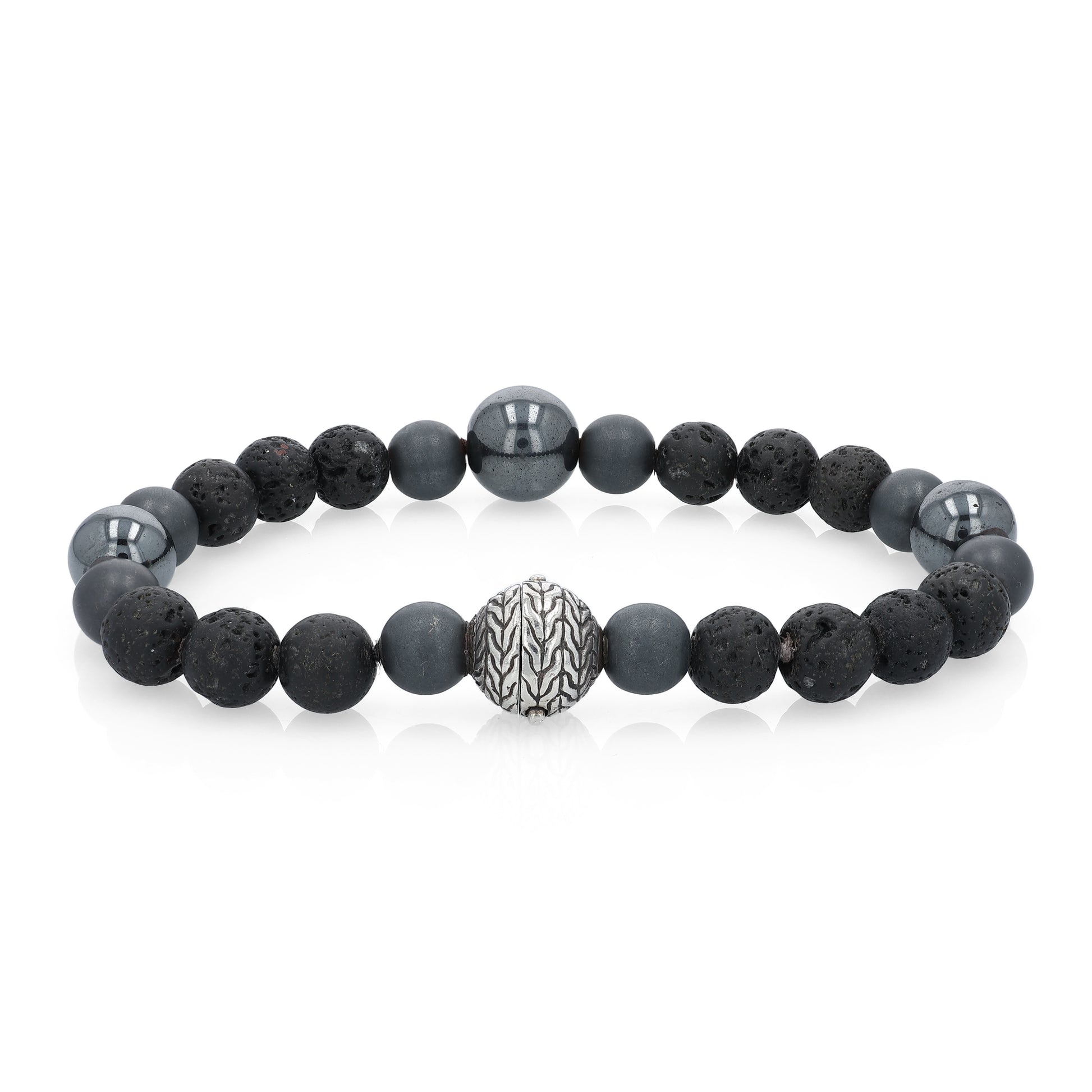 Alternate angle of a black beaded John Hardy bracelet with a silver clasp on a white background
