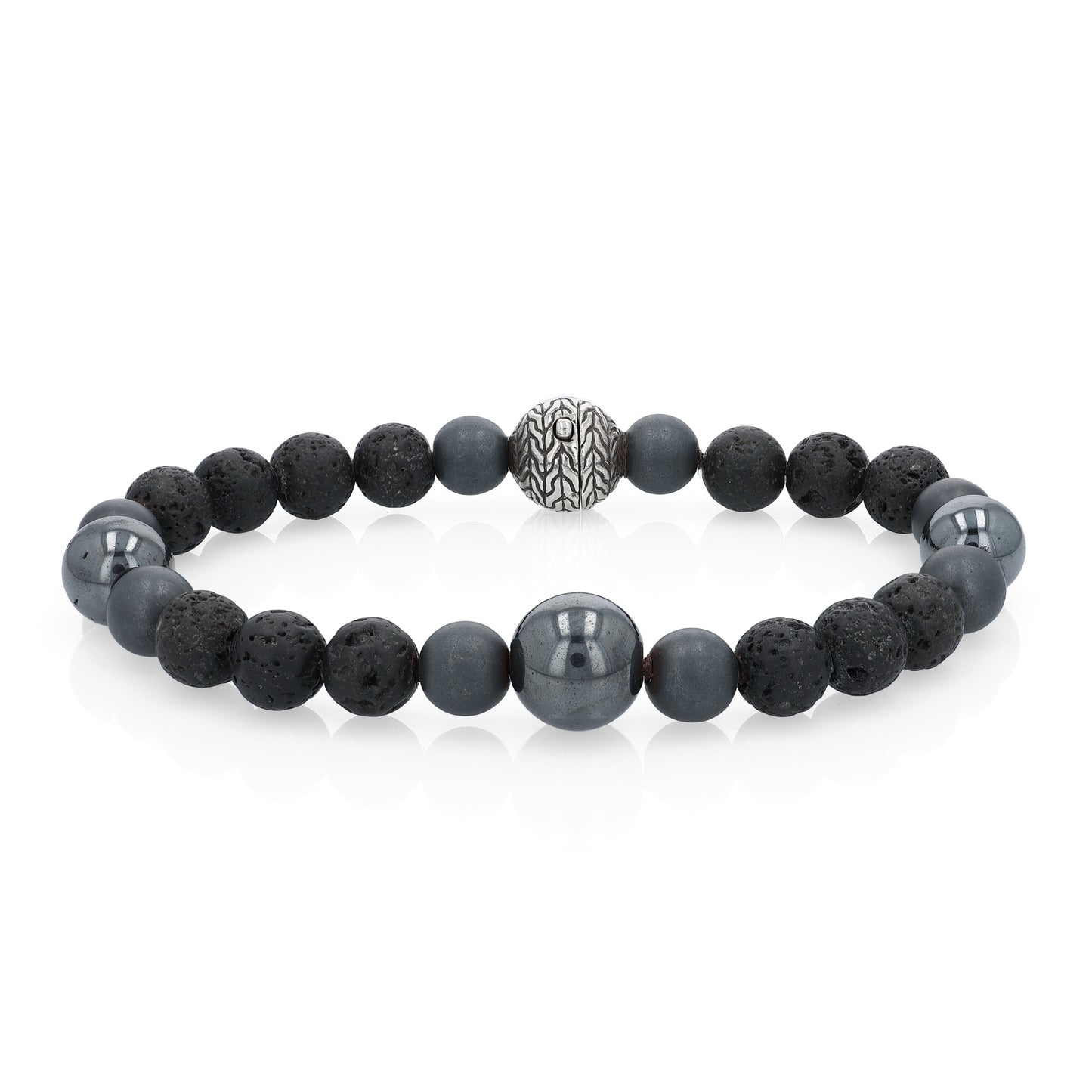 Black beaded John Hardy bracelet with a silver clasp on a white background