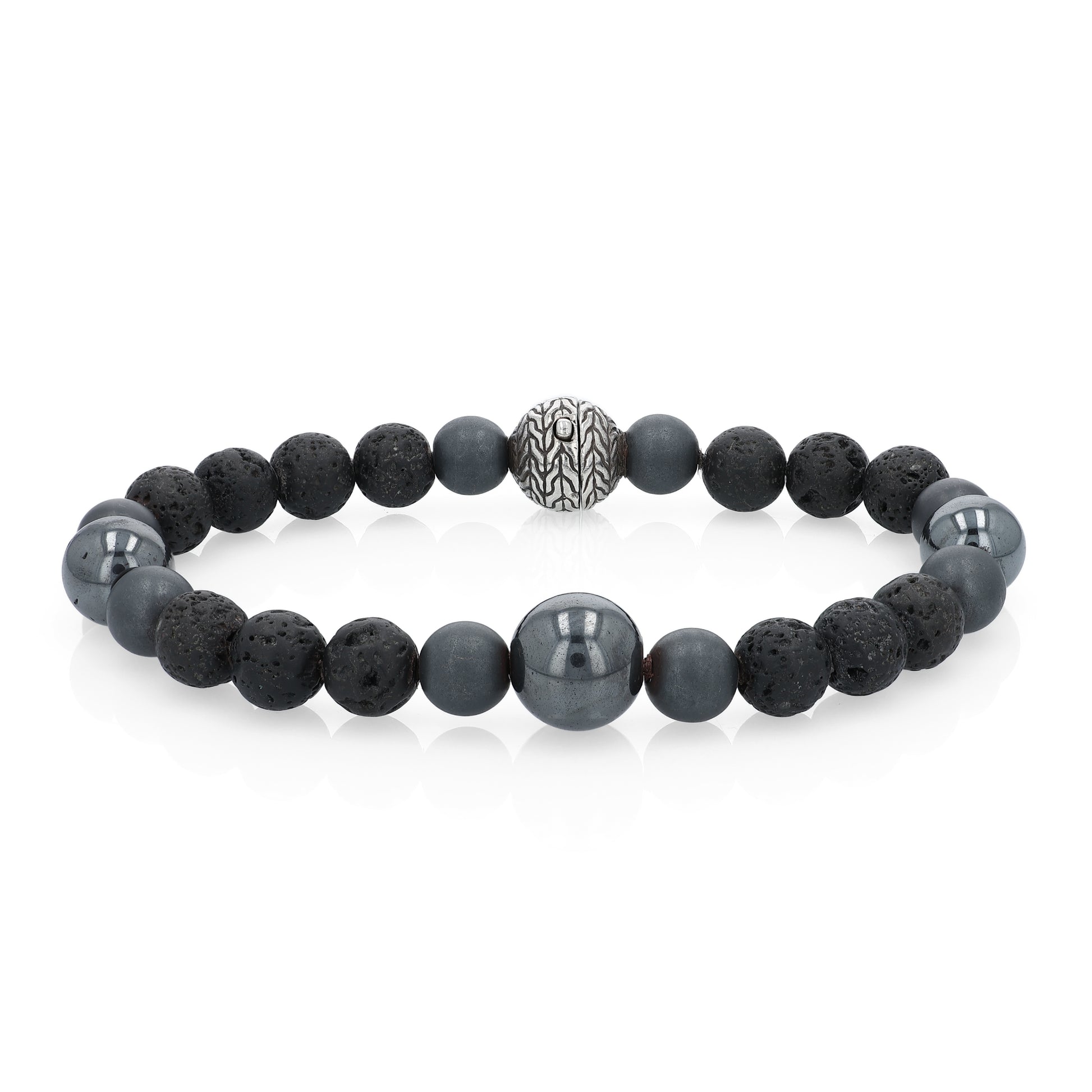 Black beaded John Hardy bracelet with a silver clasp on a white background