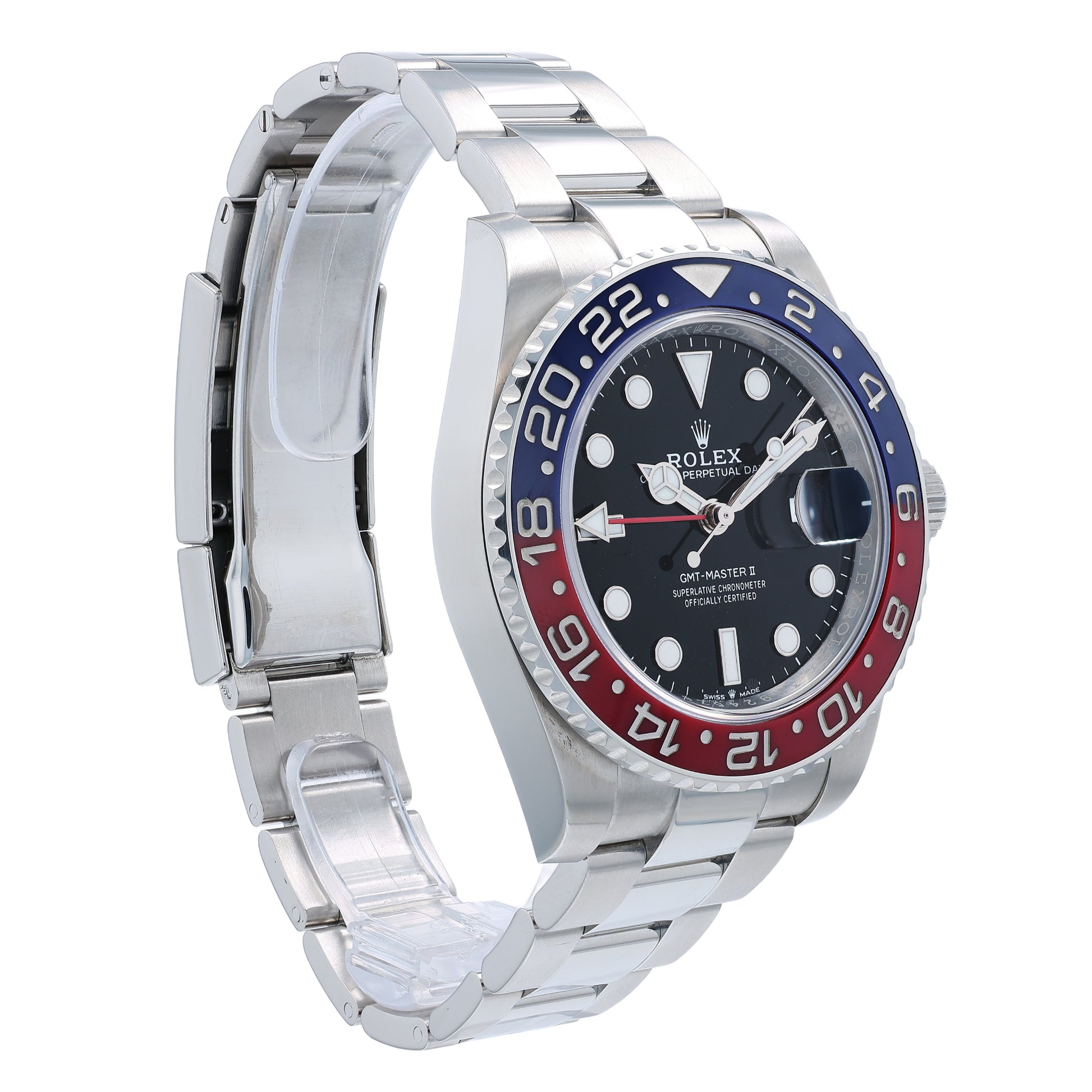 Angle shot of a Rolex watch with blue and red bezel on a white background