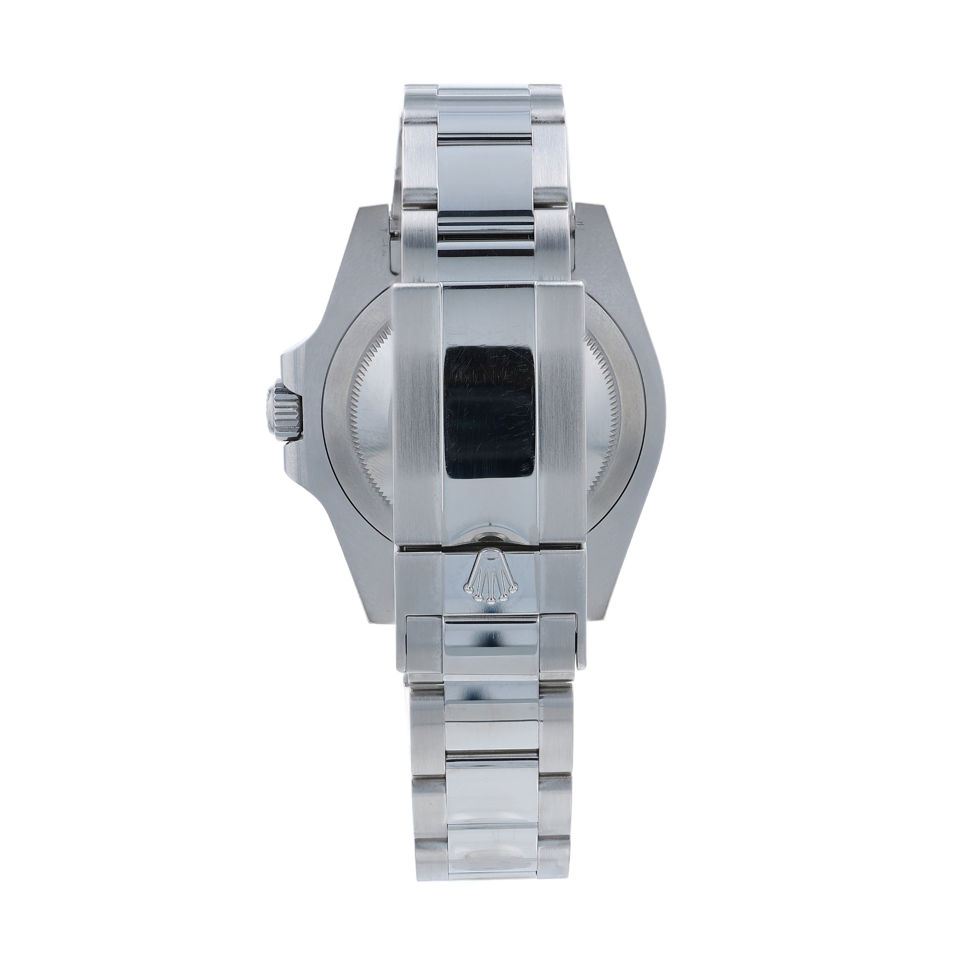 Side angle of a stainless steel Rolex watch on a white background
