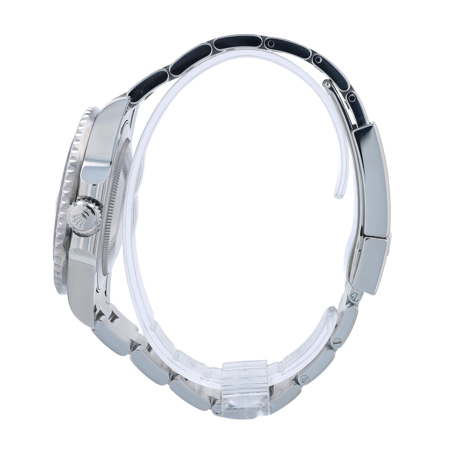 Side profile of a stainless steel Rolex watch on a white background