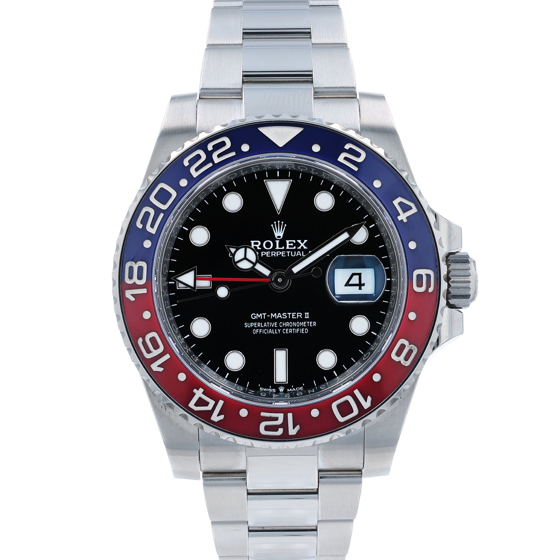 Rolex watch with blue and red bezel on a white background
