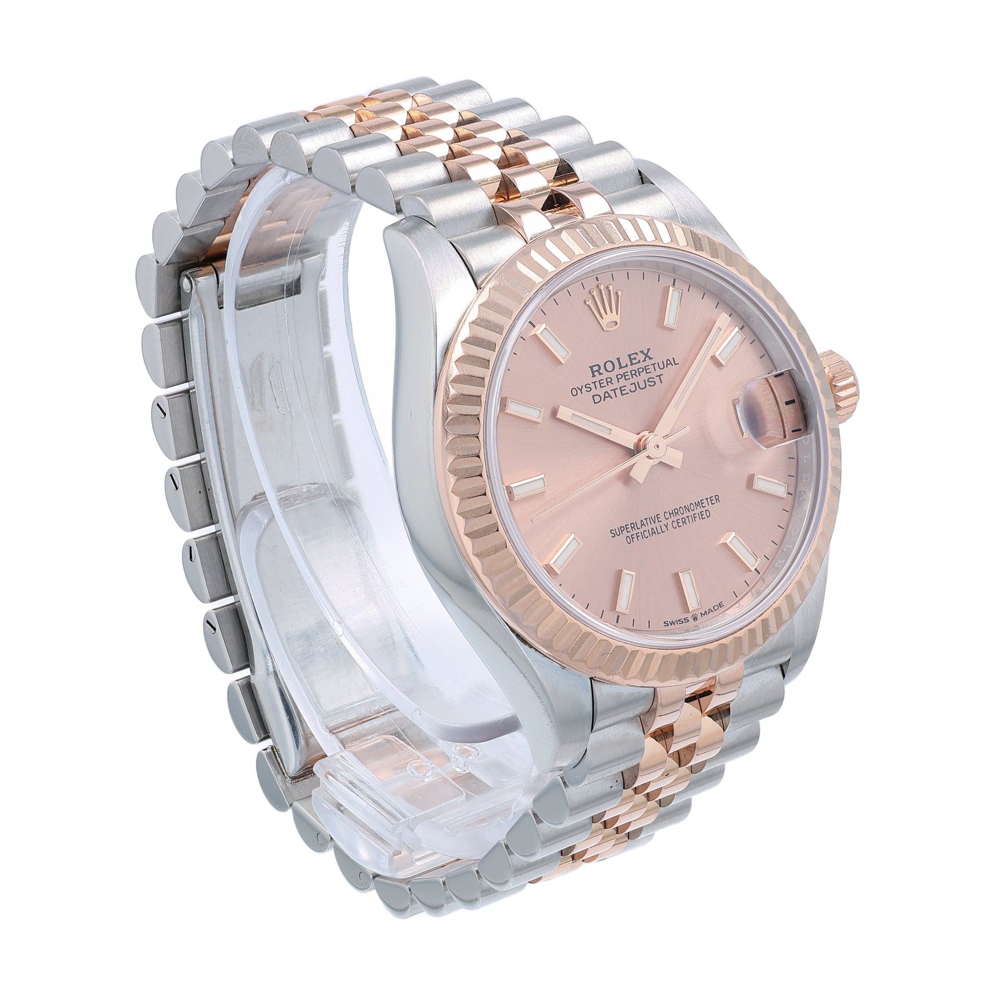 Angle of a rose gold and steel Rolex watch with a pink dial on a white background