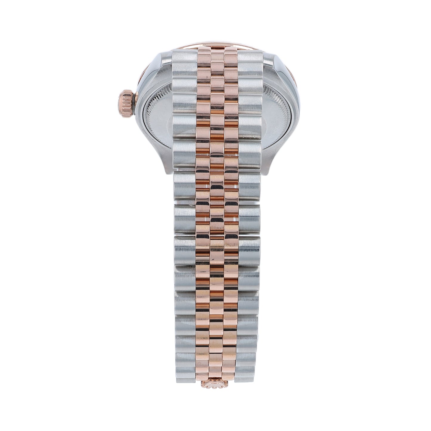 Back angle of a rose gold and steel Rolex watch on a white background