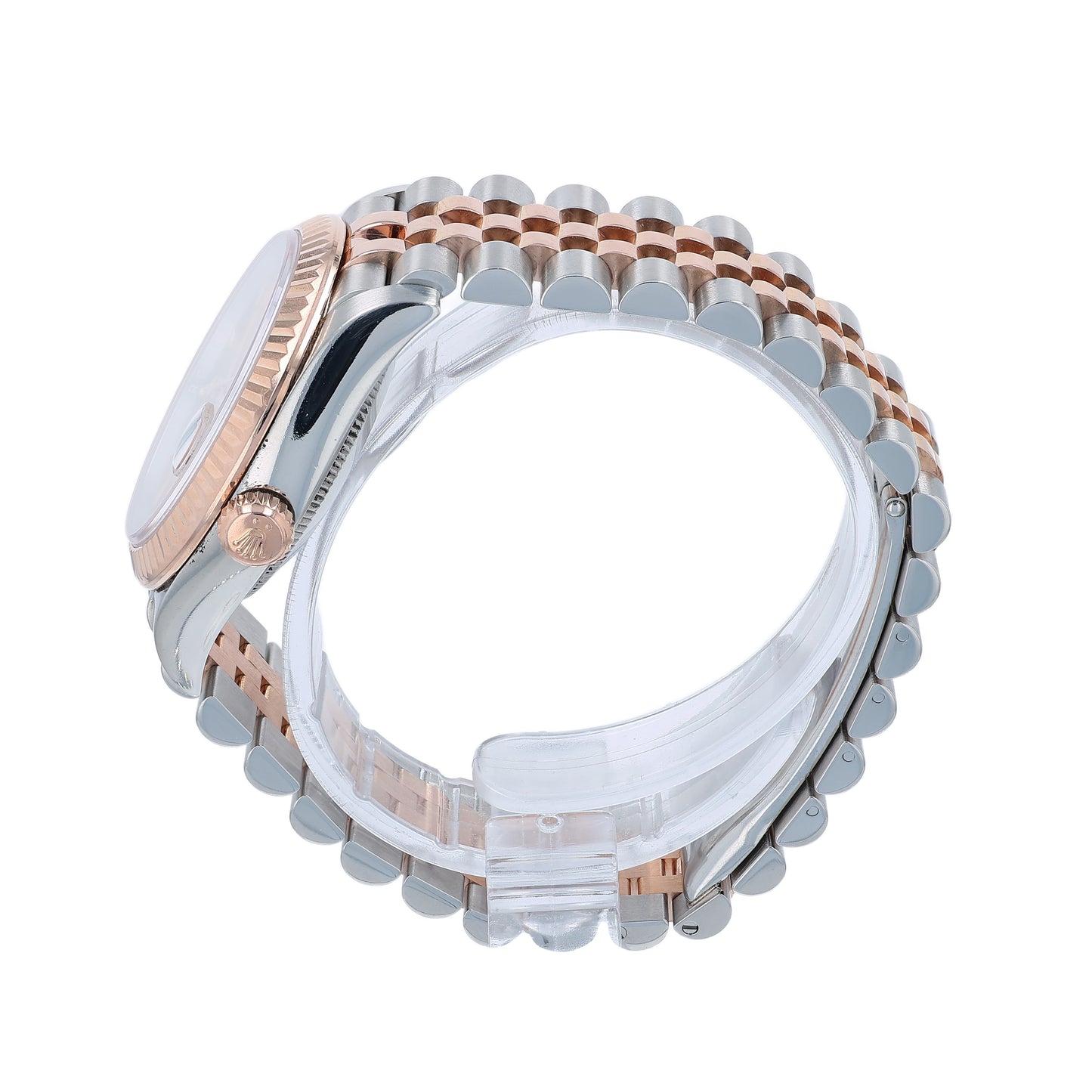 Side profile of a rose gold and steel Rolex watch on a white background