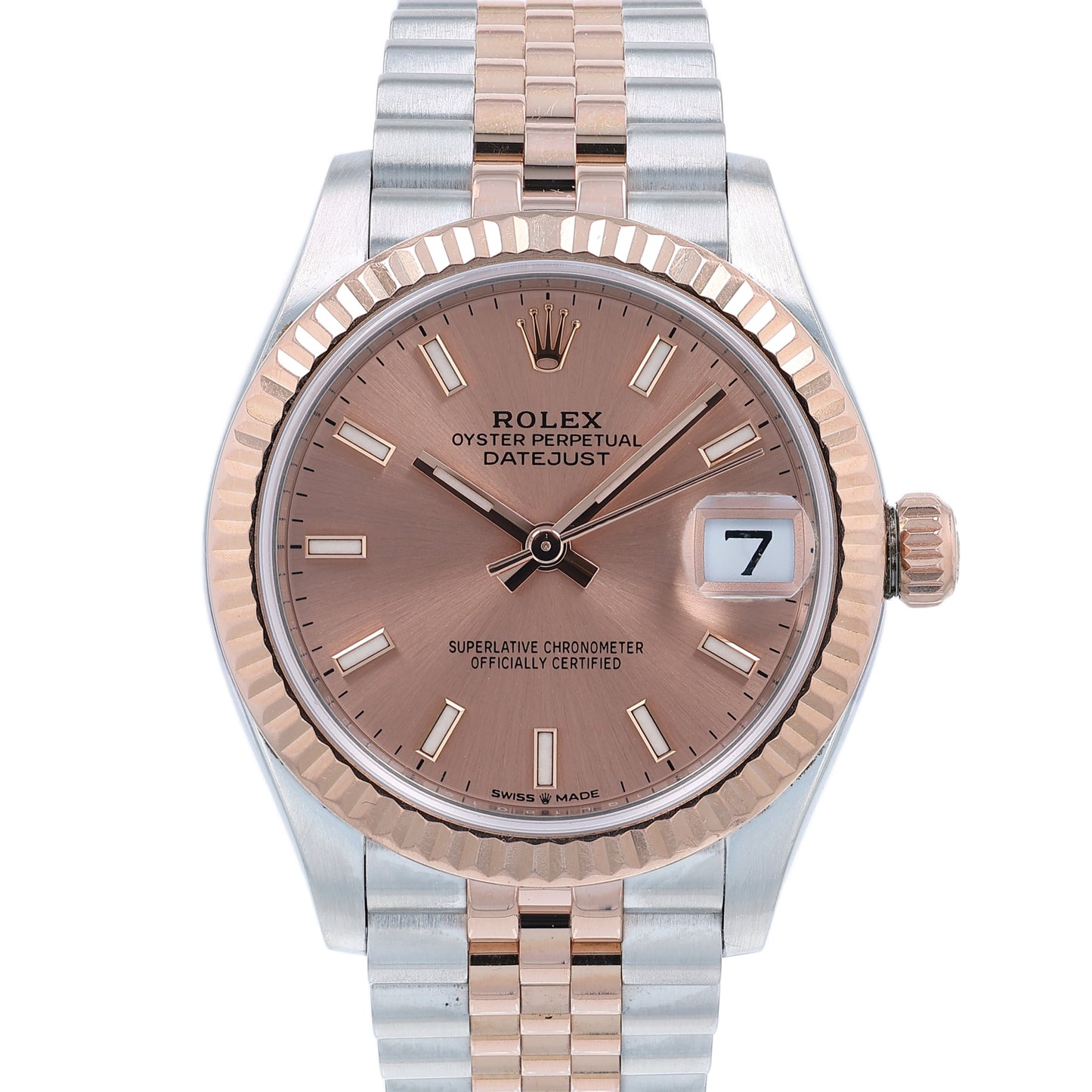 Rose gold and steel Rolex watch with a pink dial on a white background