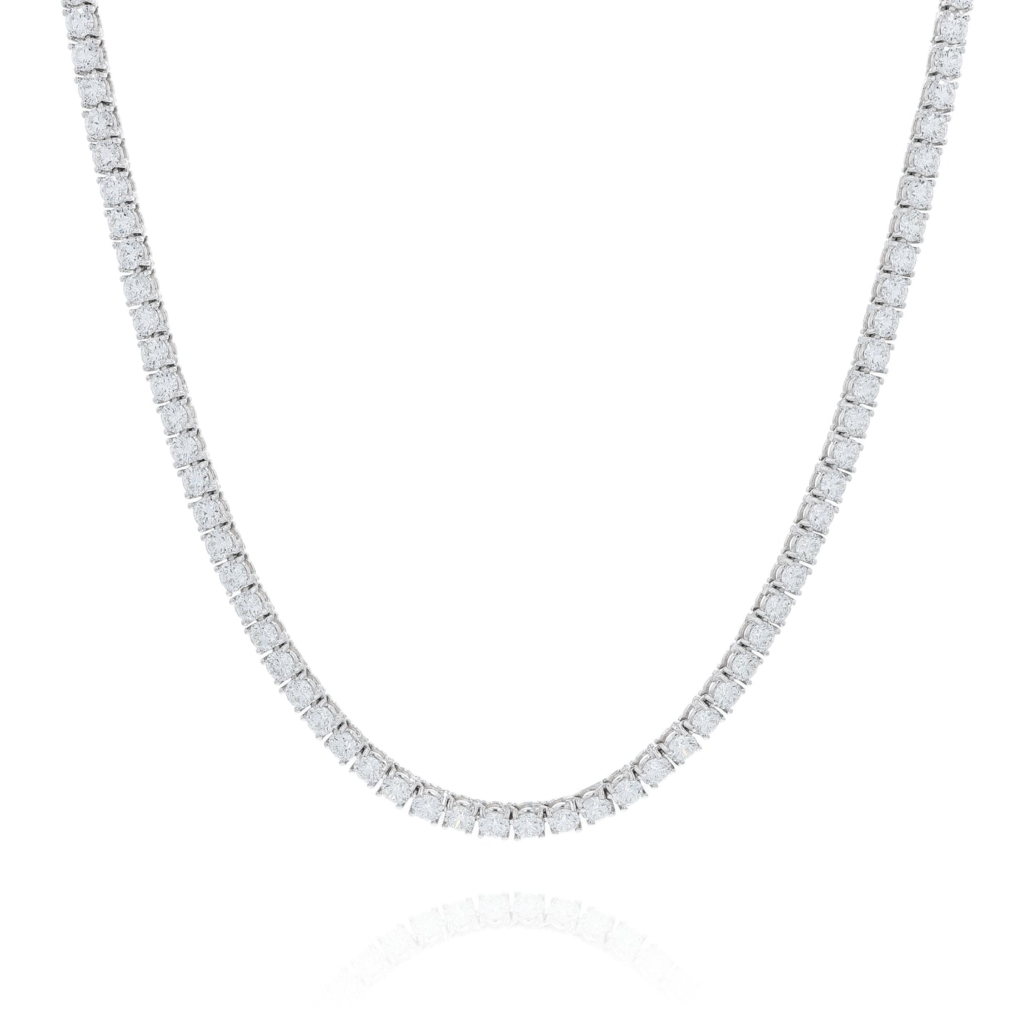 White gold 31.23 carat diamond tennis necklace on a white background