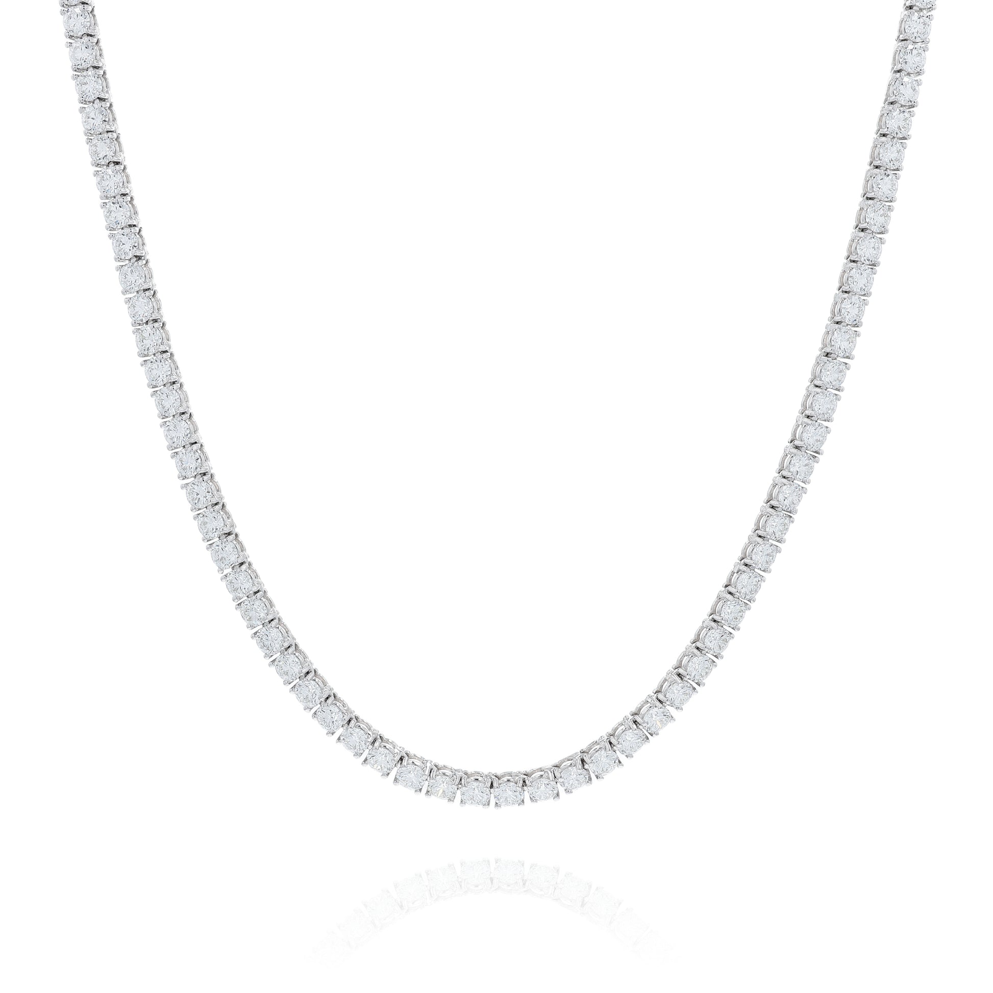 White gold 31.23 carat diamond tennis necklace on a white background