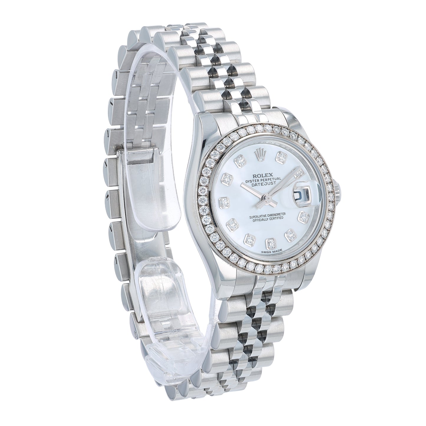 Angle of a silver Rolex watch with a diamond bezel and mother of pearl dial on a white background