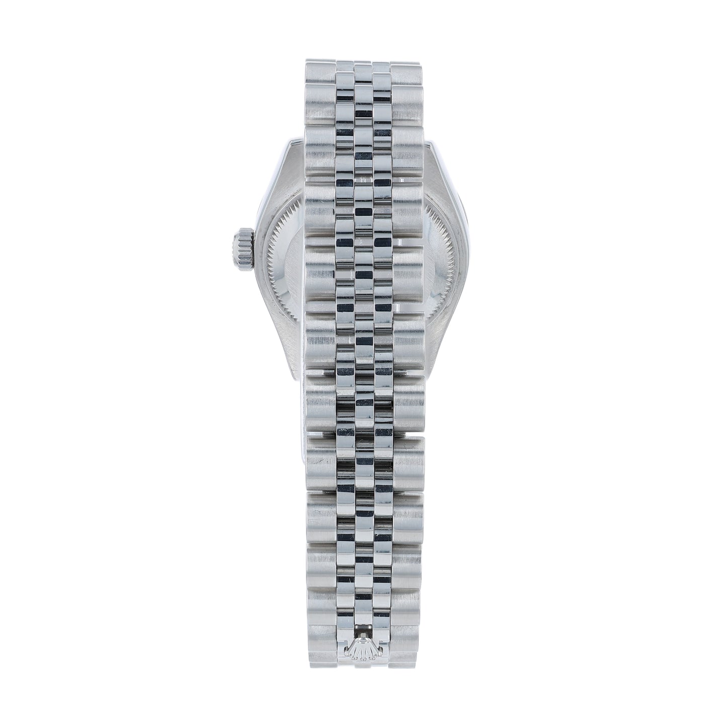 Back angle of a silver Rolex watch on a white background