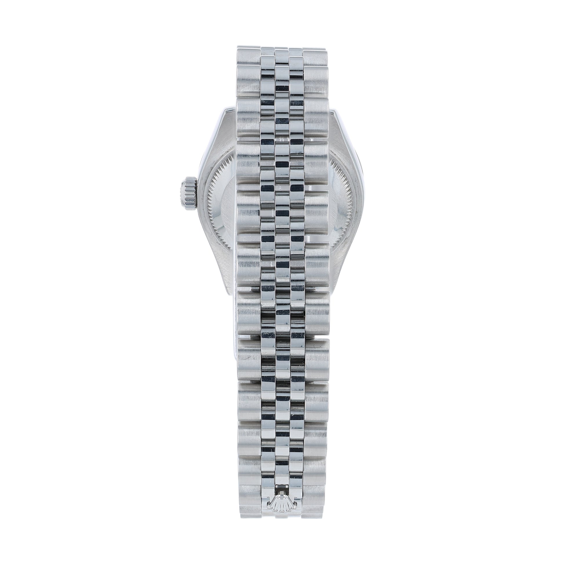 Back angle of a silver Rolex watch on a white background