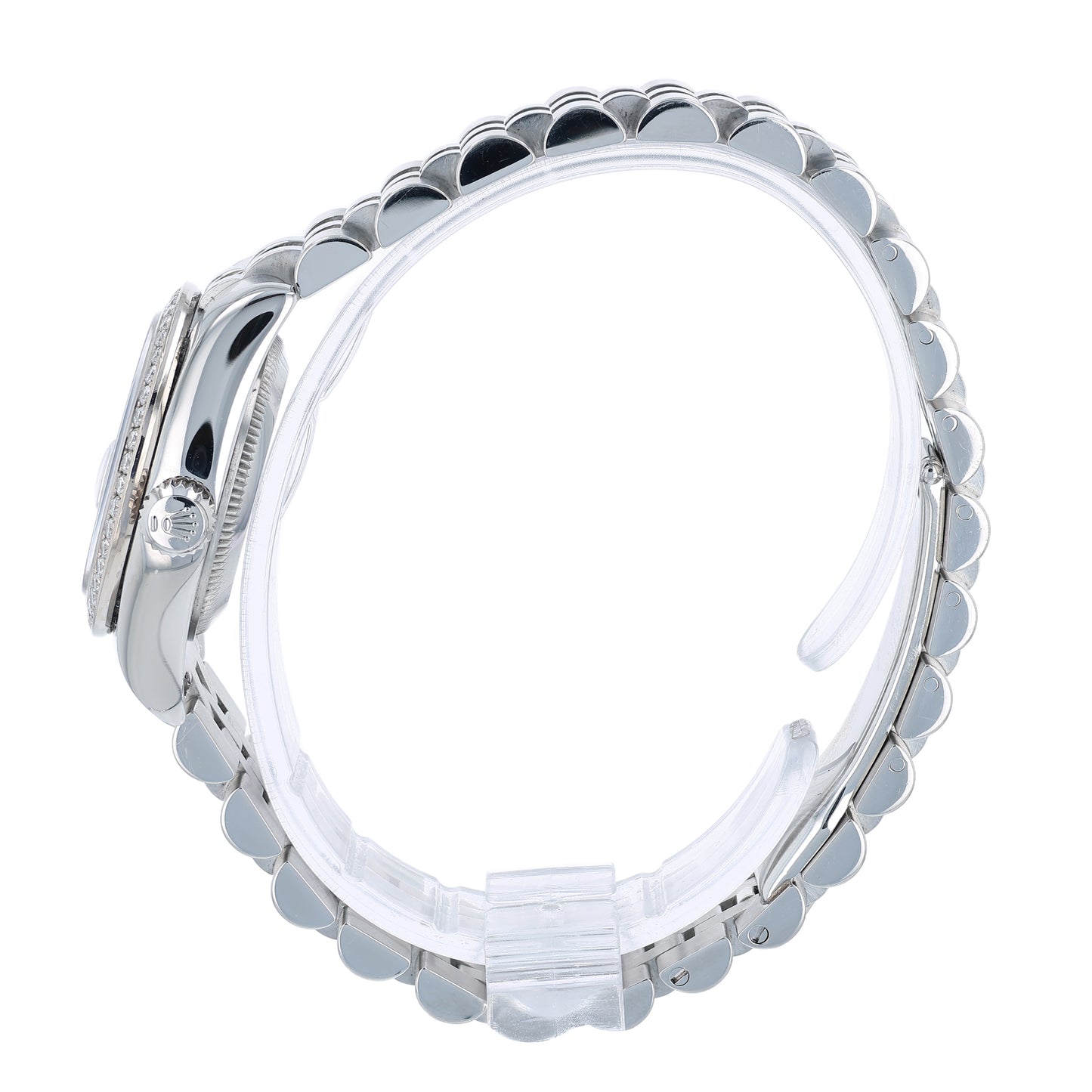 Side profile of a silver Rolex watch on a white background