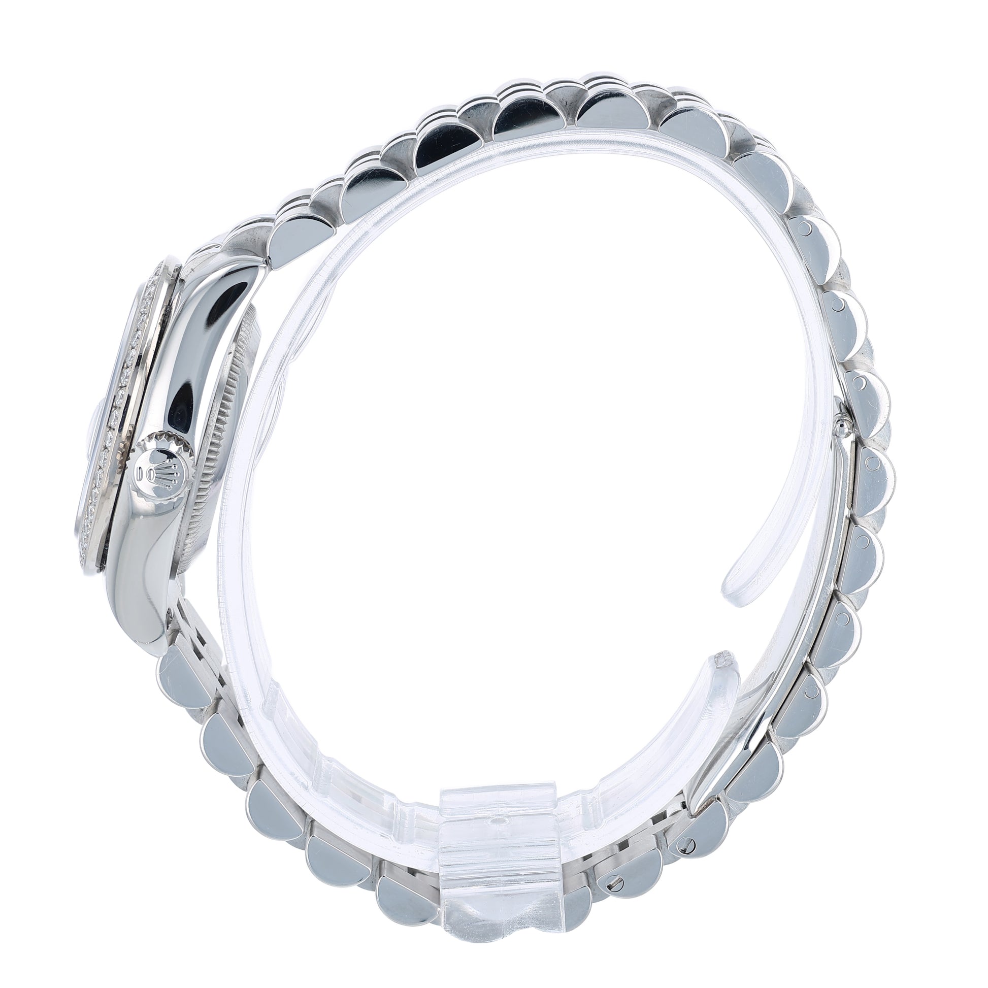 Side profile of a silver Rolex watch on a white background