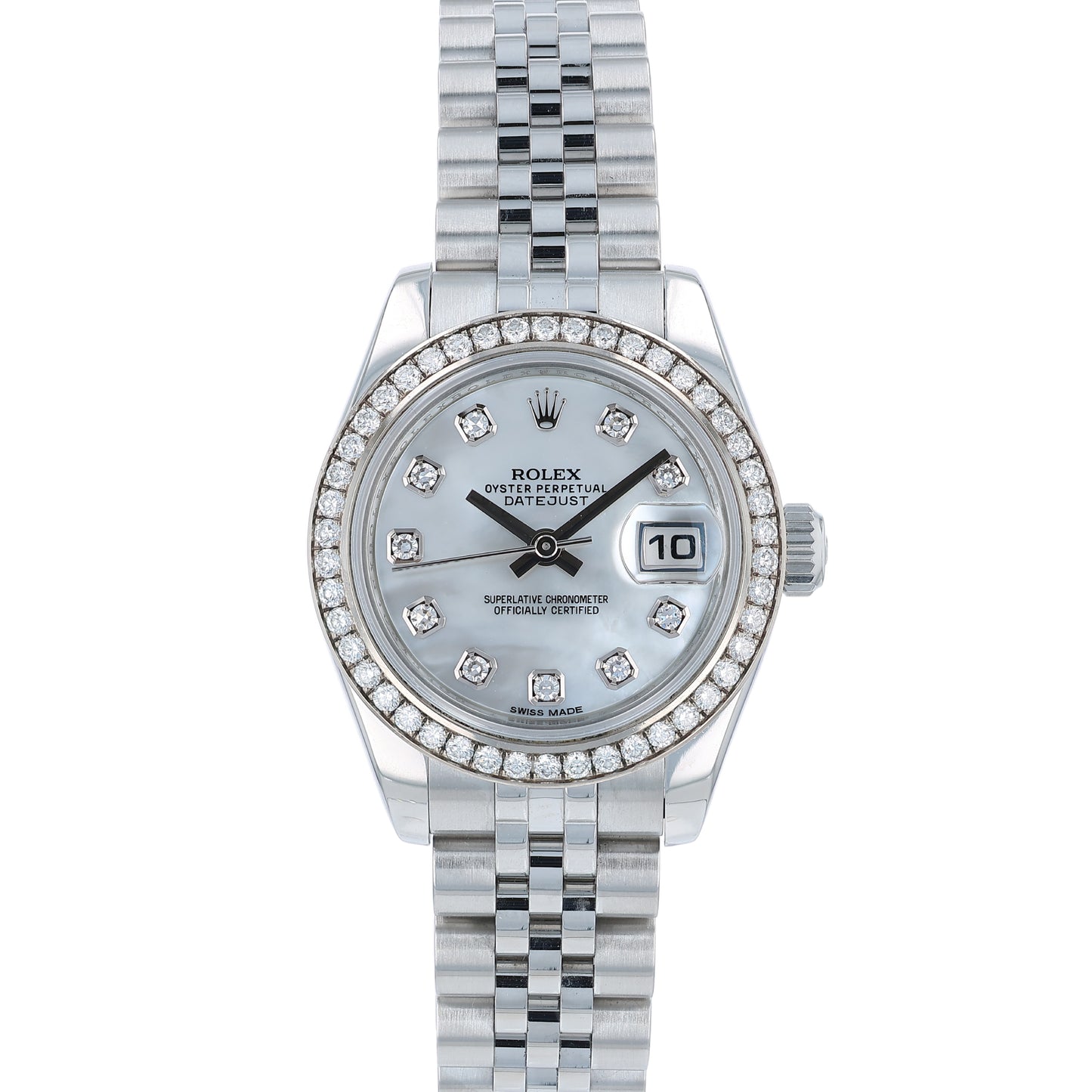 Silver Rolex watch with a diamond bezel and mother of pearl dial on a white background