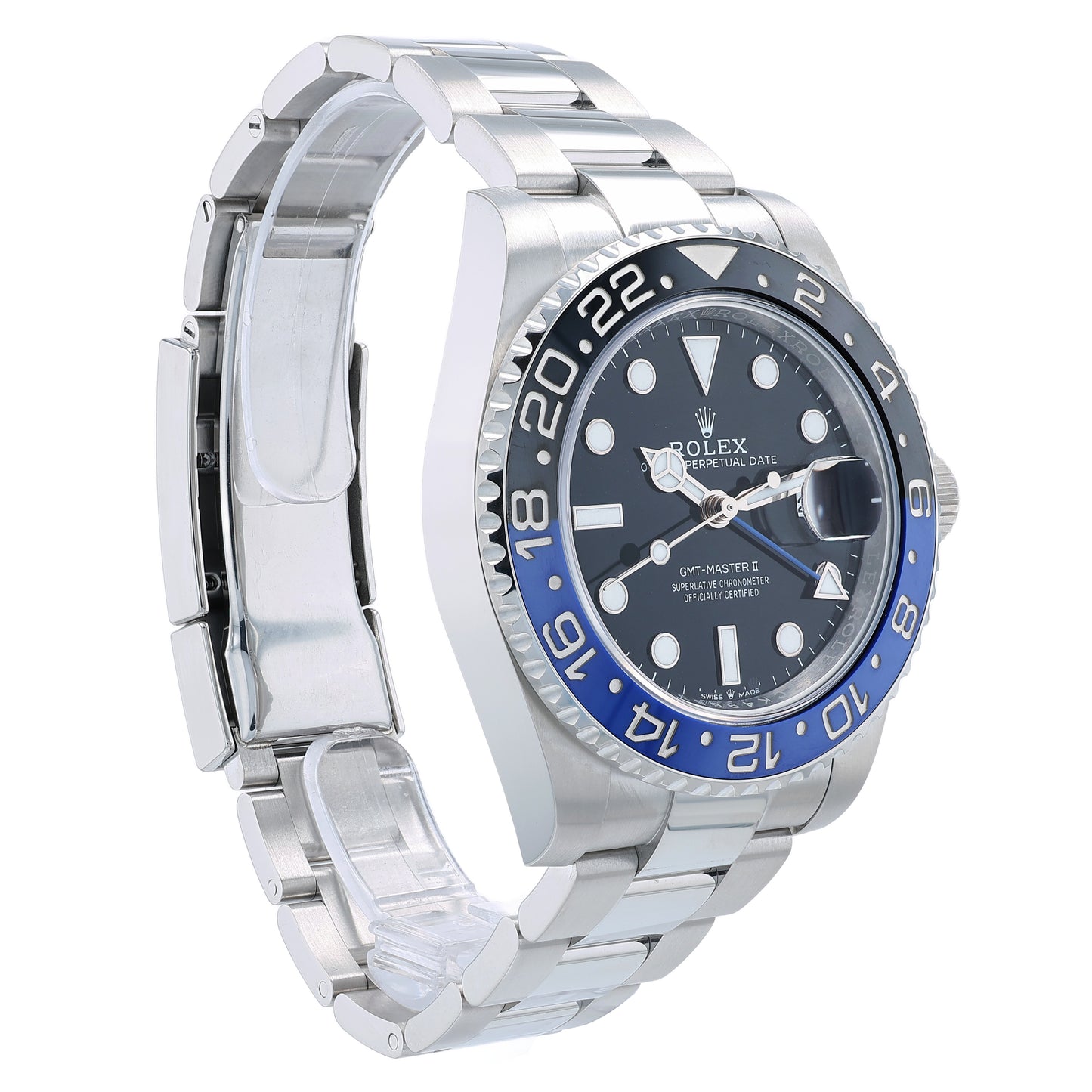 Stainless steel Rolex watch with black dial and blue & black bezel on a white background