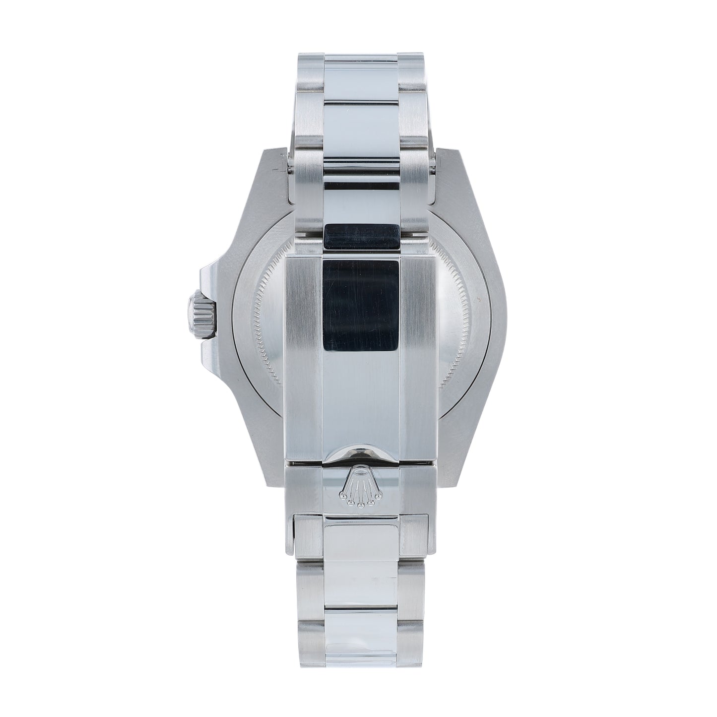 Back angle of a stainless steel Rolex watch on a white background