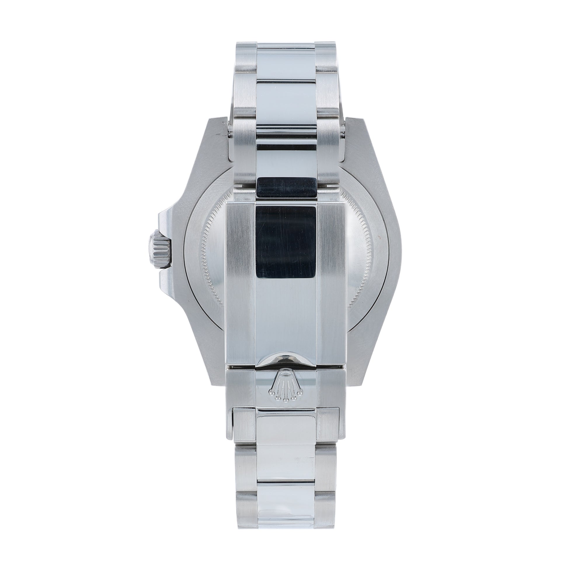 Back angle of a stainless steel Rolex watch on a white background
