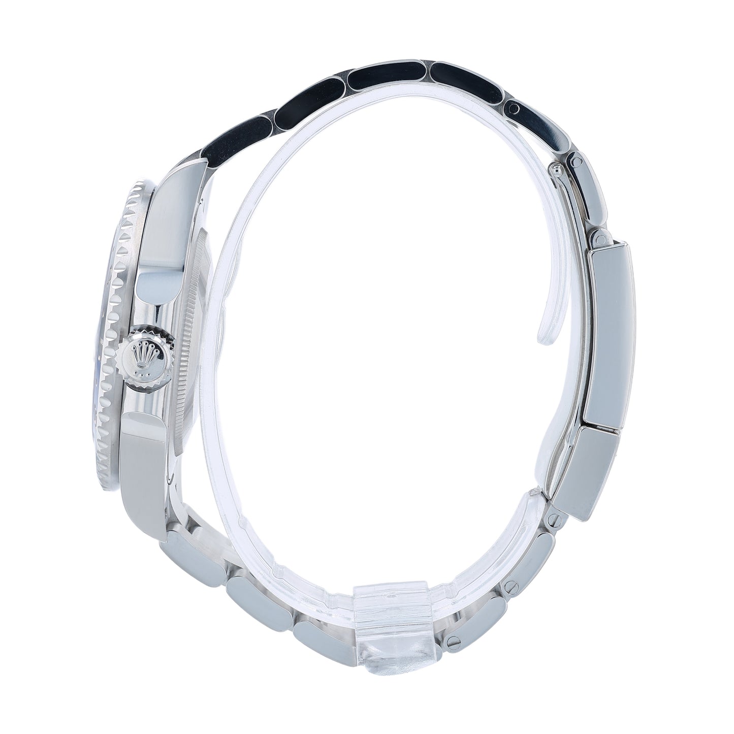 Side profile of a stainless steel Rolex watch on a white background