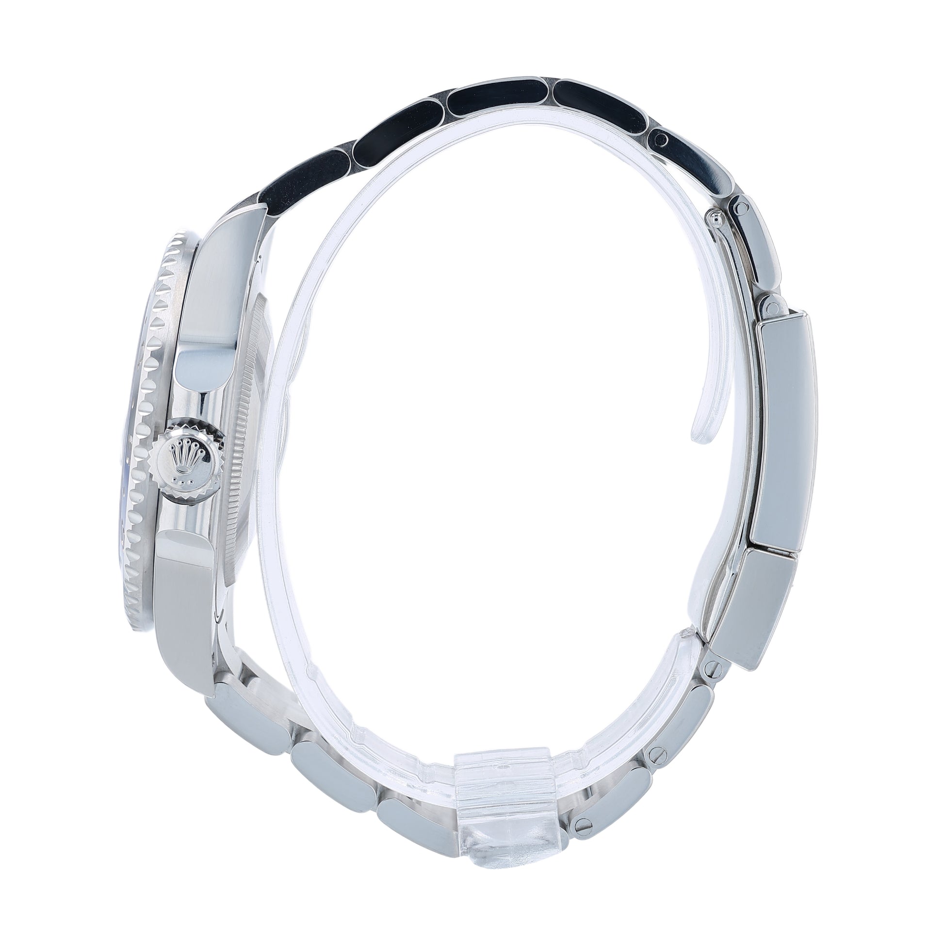 Side profile of a stainless steel Rolex watch on a white background