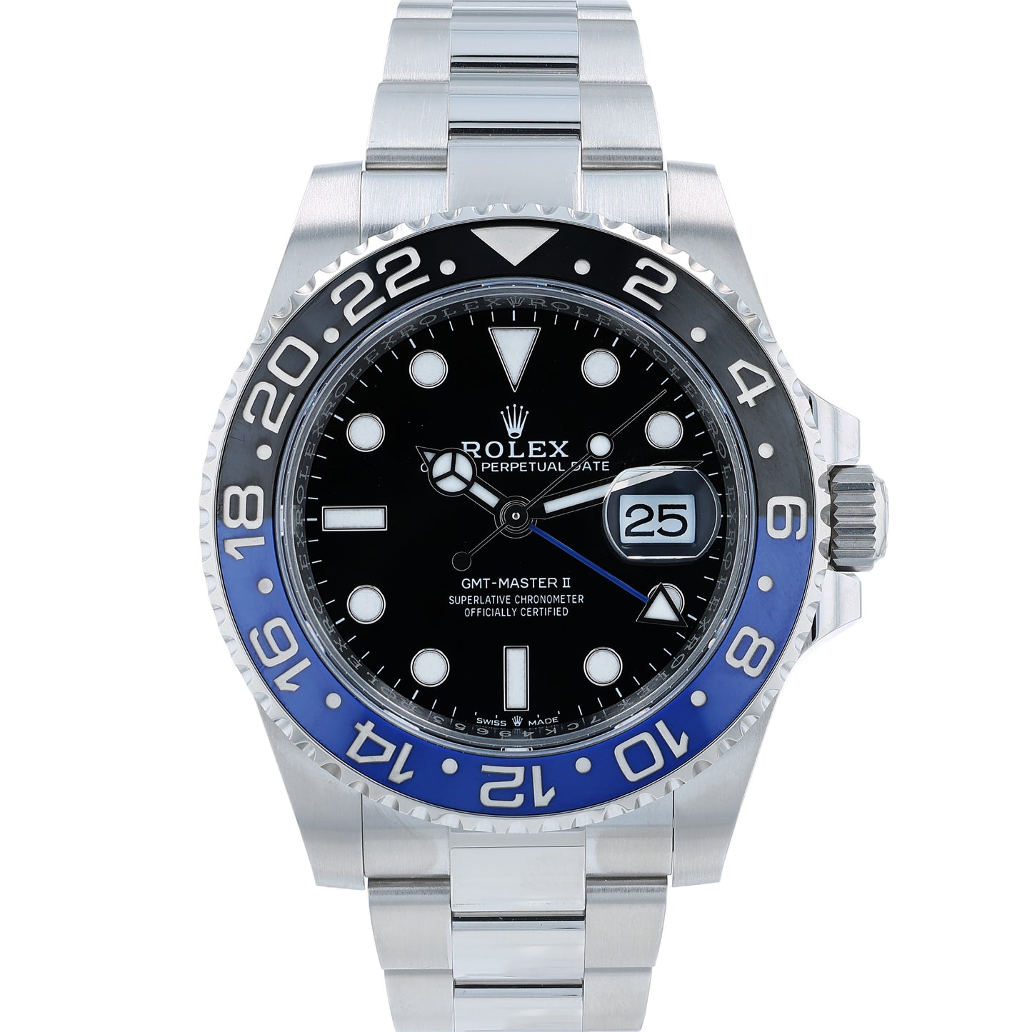 Stainless steel Rolex watch with black dial and blue & black bezel on a white background