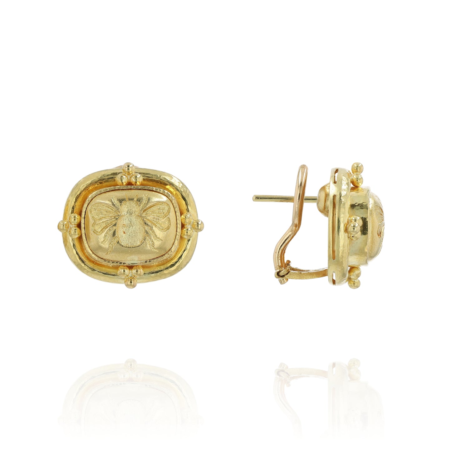 Textured yellow gold stud earrings with an embossed bee design on a white background