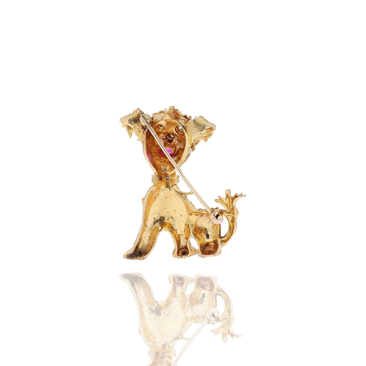Estate 14k Yellow Gold Green Garnet Diamond and Ruby Dog Pin