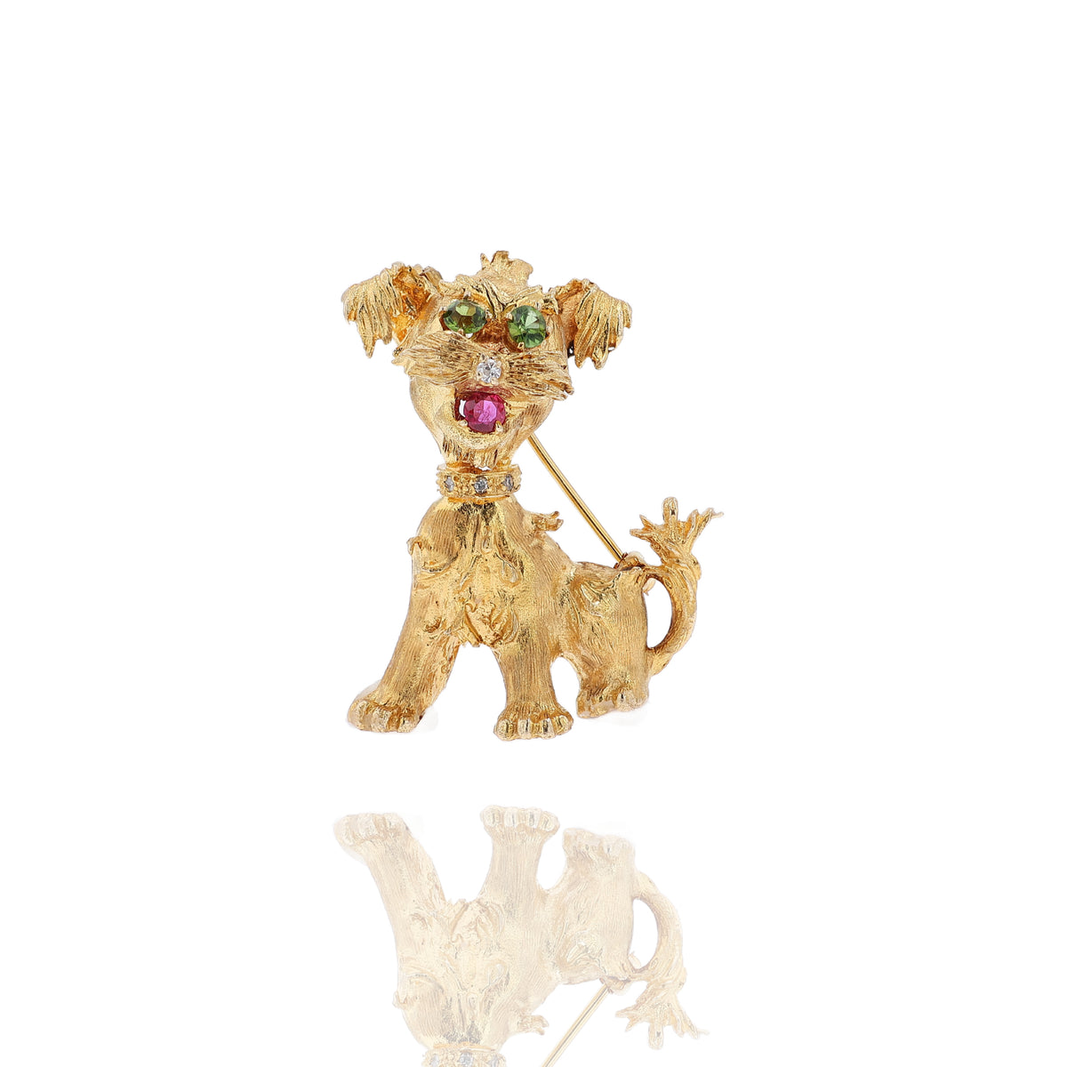 Estate 14k Yellow Gold Green Garnet Diamond and Ruby Dog Pin