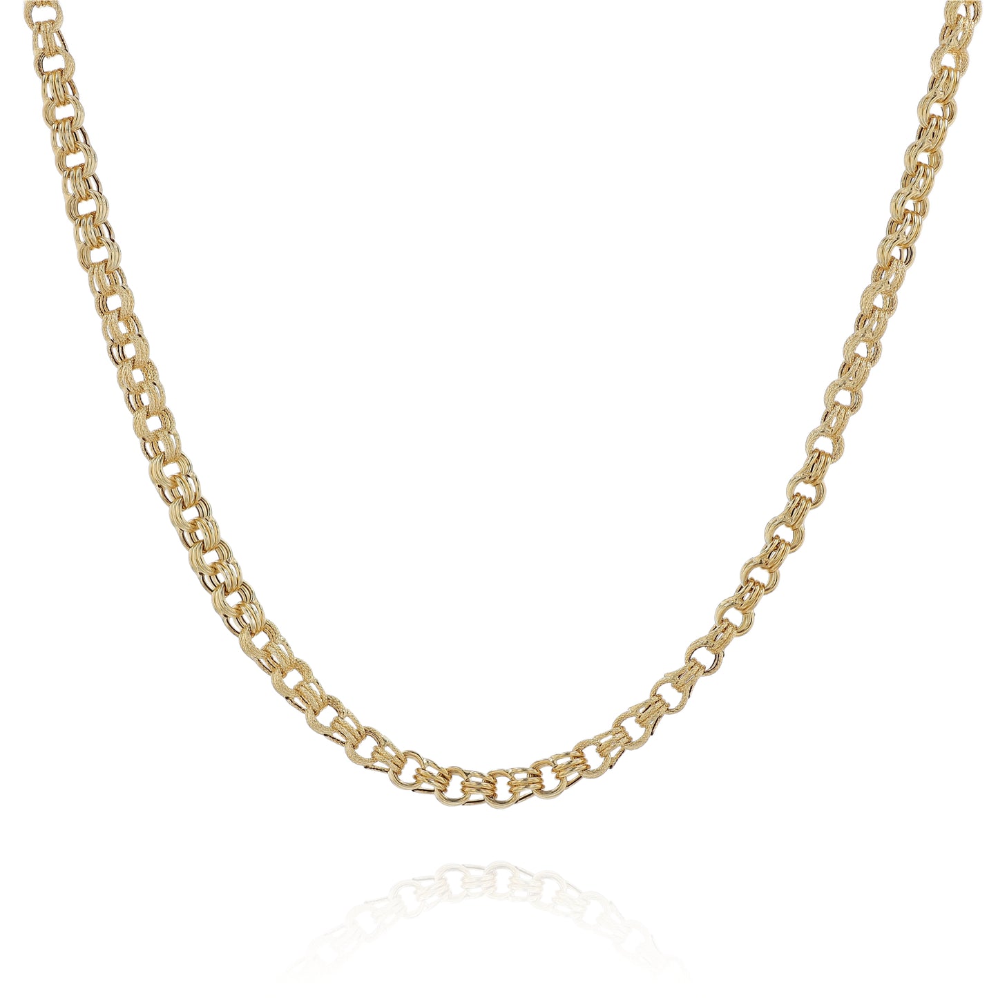 Yellow gold garbaldi link chain necklace on a white background
