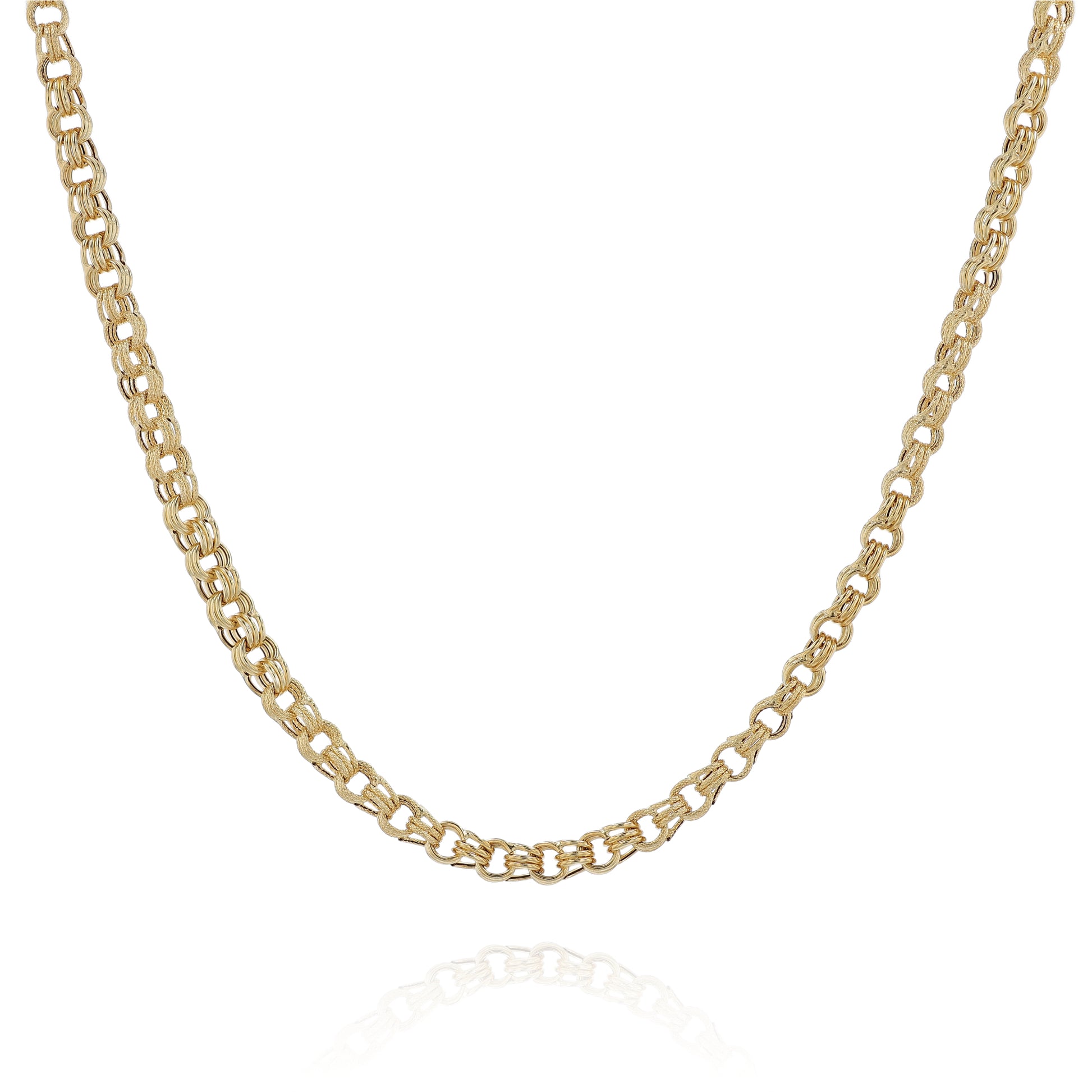 Yellow gold garbaldi link chain necklace on a white background