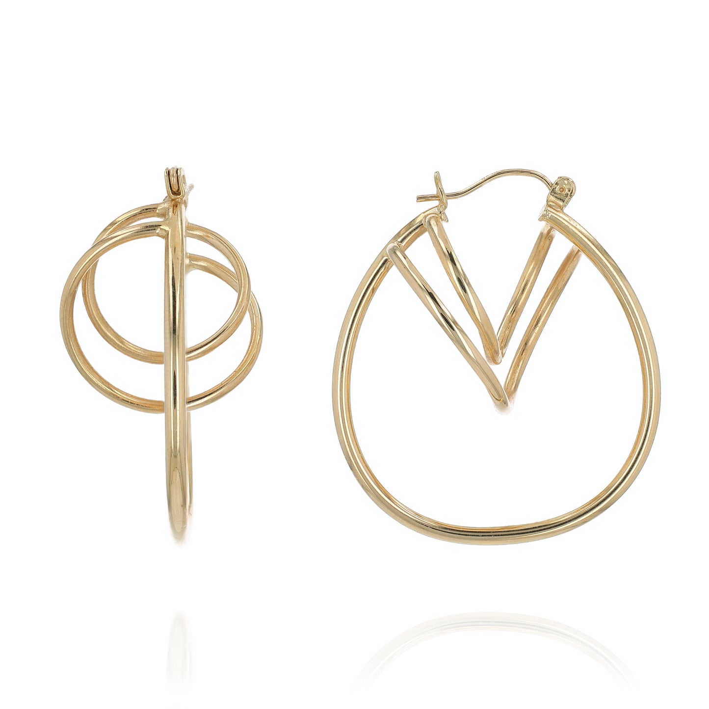 Gold hoop swirl design earrings on a white background