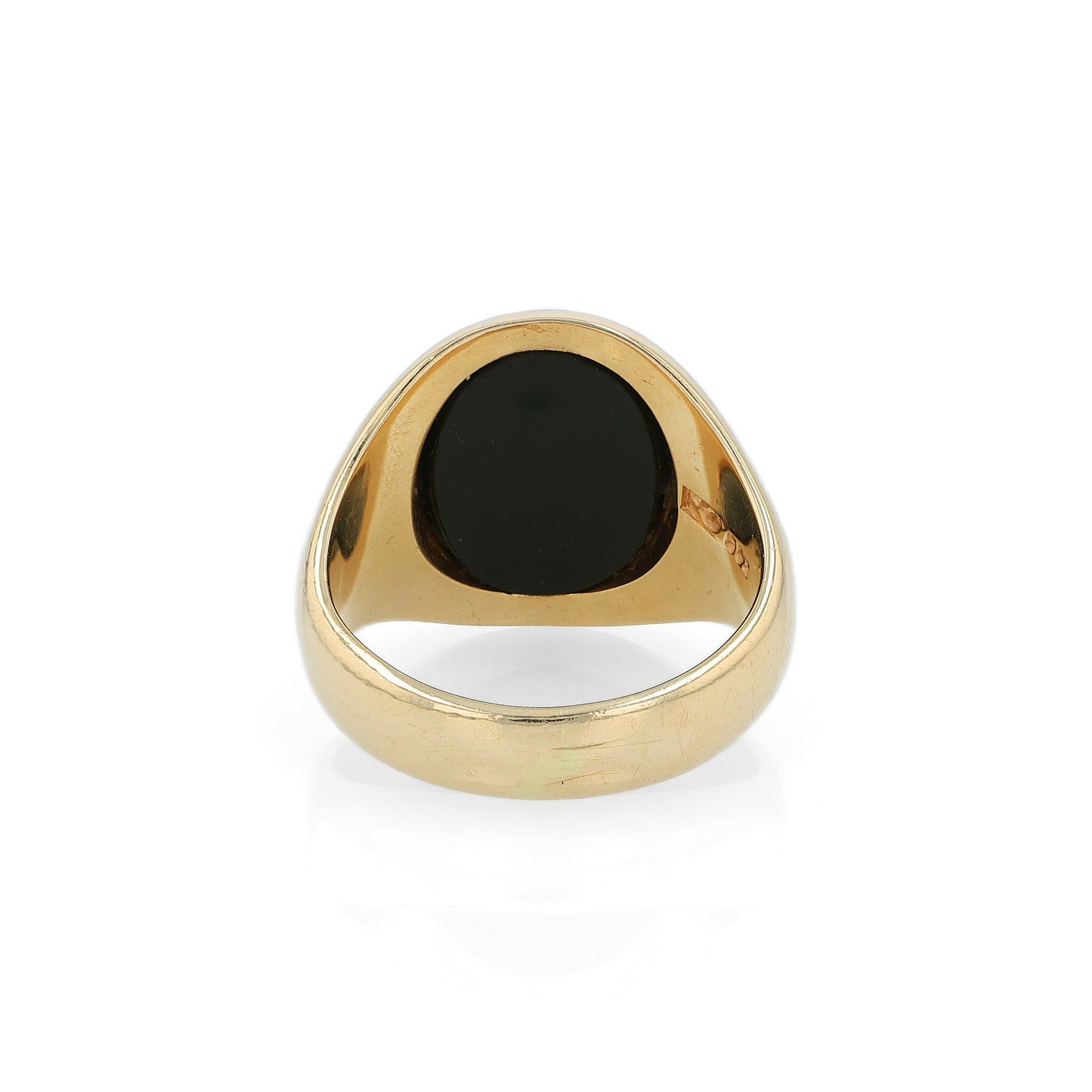 Yellow Gold oval opal doublet signet style ring on a white background