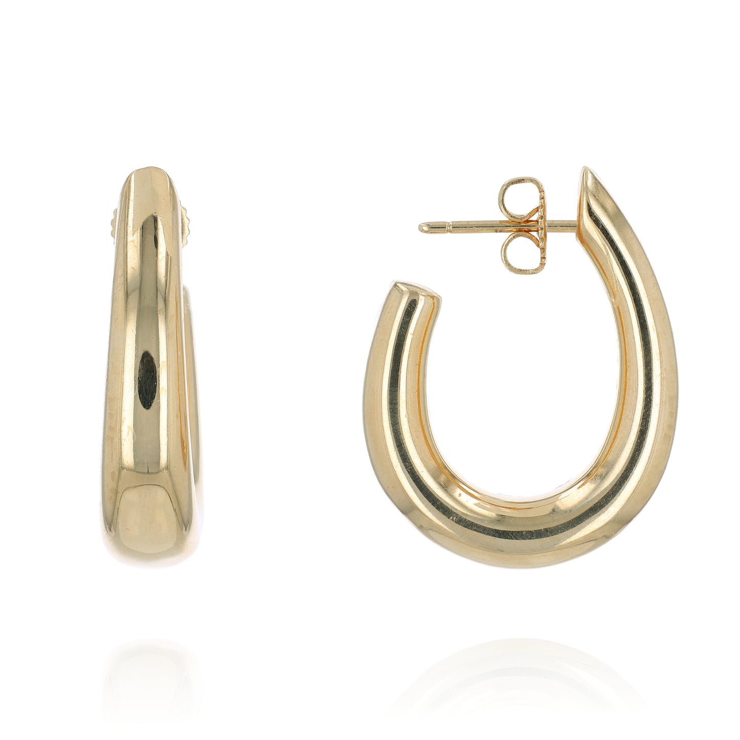 Gold "J" hoop earrings on a white background