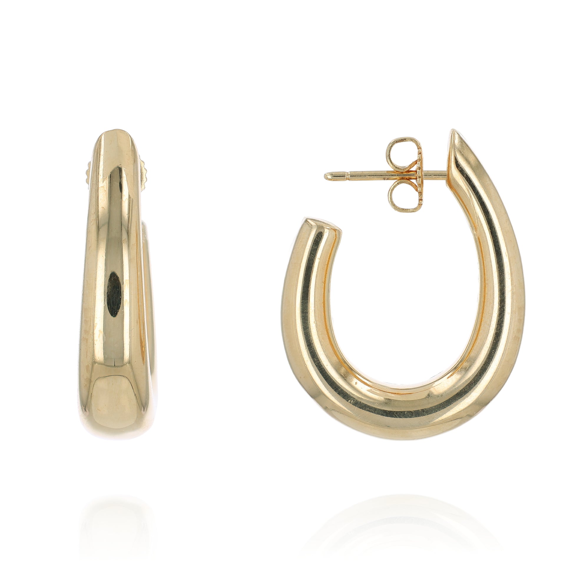 Gold "J" hoop earrings on a white background