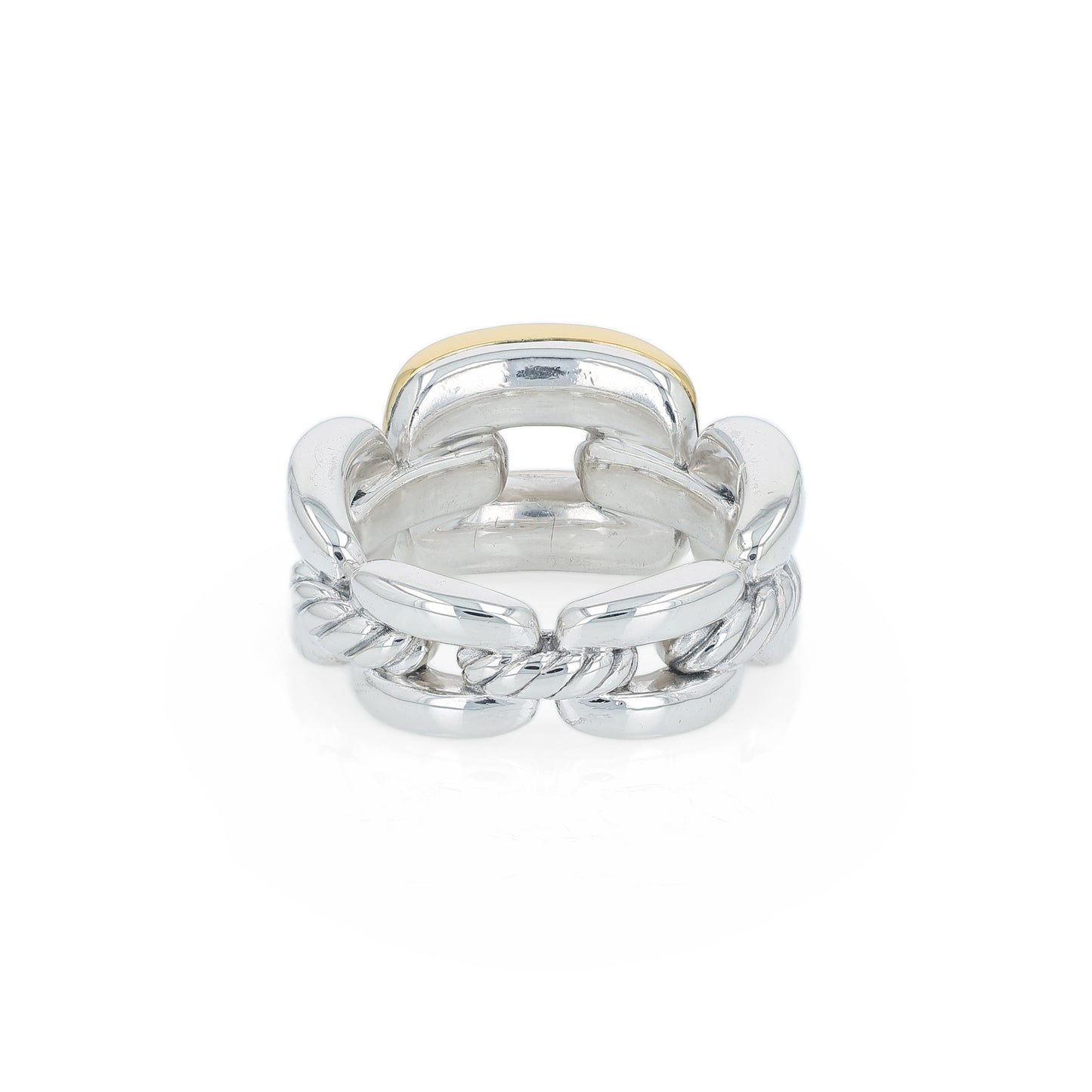 David Yurman two-tone silver and gold chain link design ring on a white background