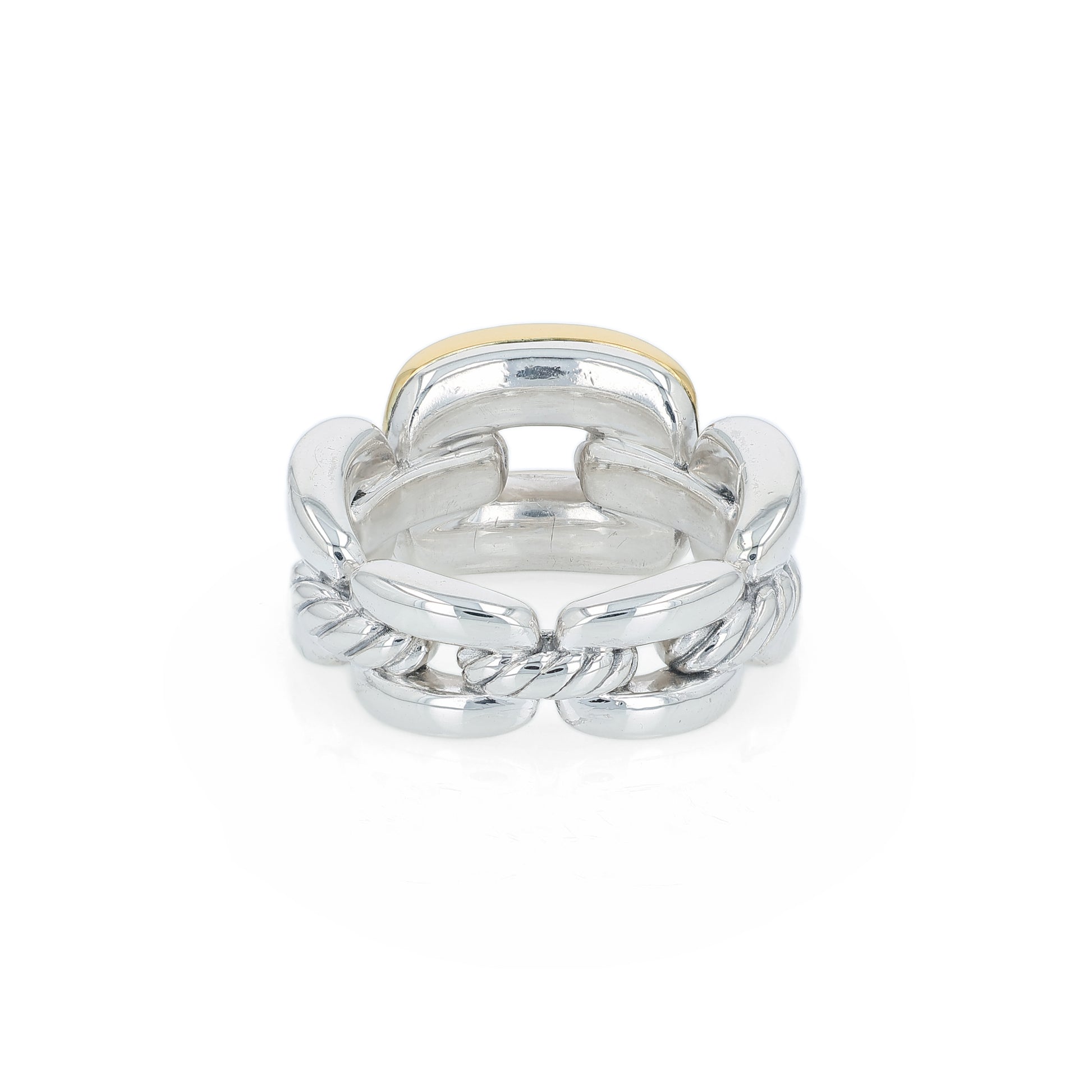 David Yurman two-tone silver and gold chain link design ring on a white background