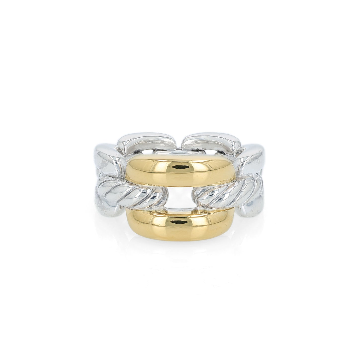 David Yurman two-tone silver and gold chain link design ring on a white background