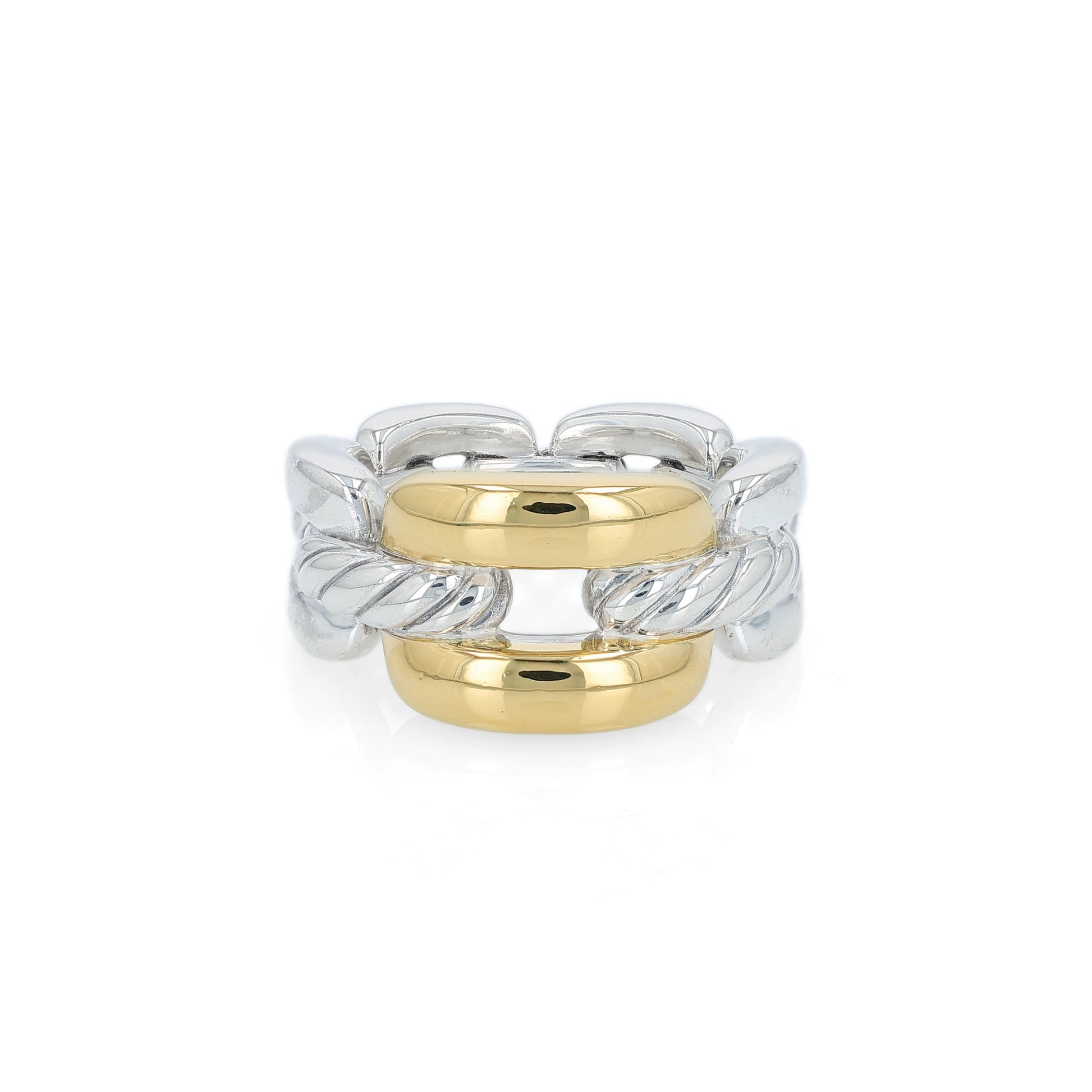 David Yurman two-tone silver and gold chain link design ring on a white background