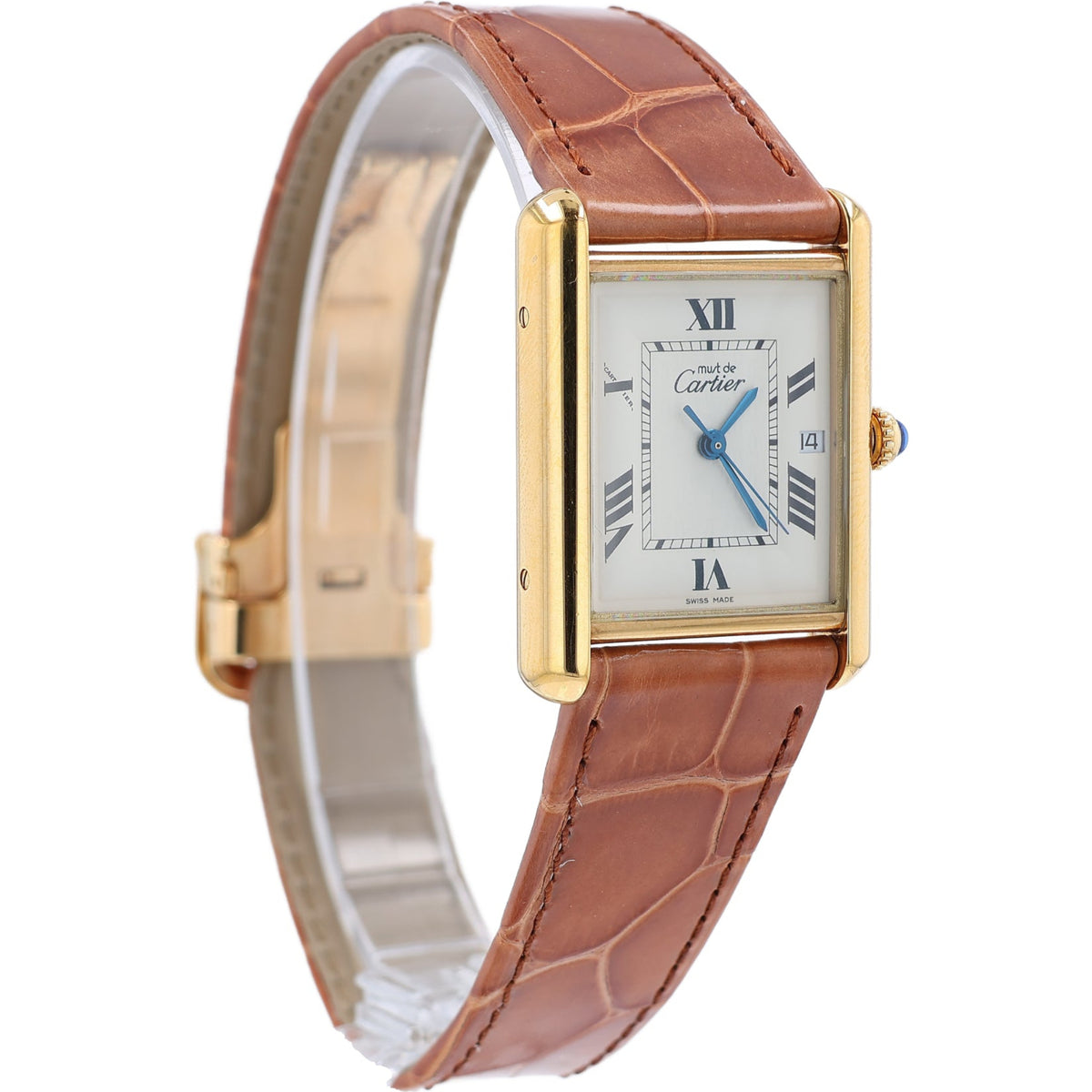Estate Cartier 18k Gold Plated Must De Cartier Tank White Roman Dial Brown Alligator Deployment Strap 2413 w/Box & COA Quartz