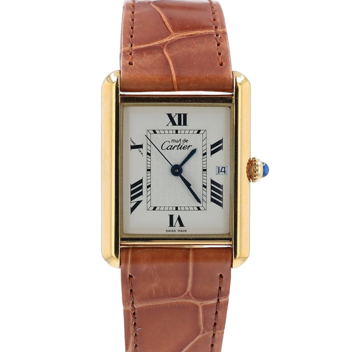 Estate Cartier 18k Gold Plated Must De Cartier Tank White Roman Dial Brown Alligator Deployment Strap 2413 w/Box & COA Quartz