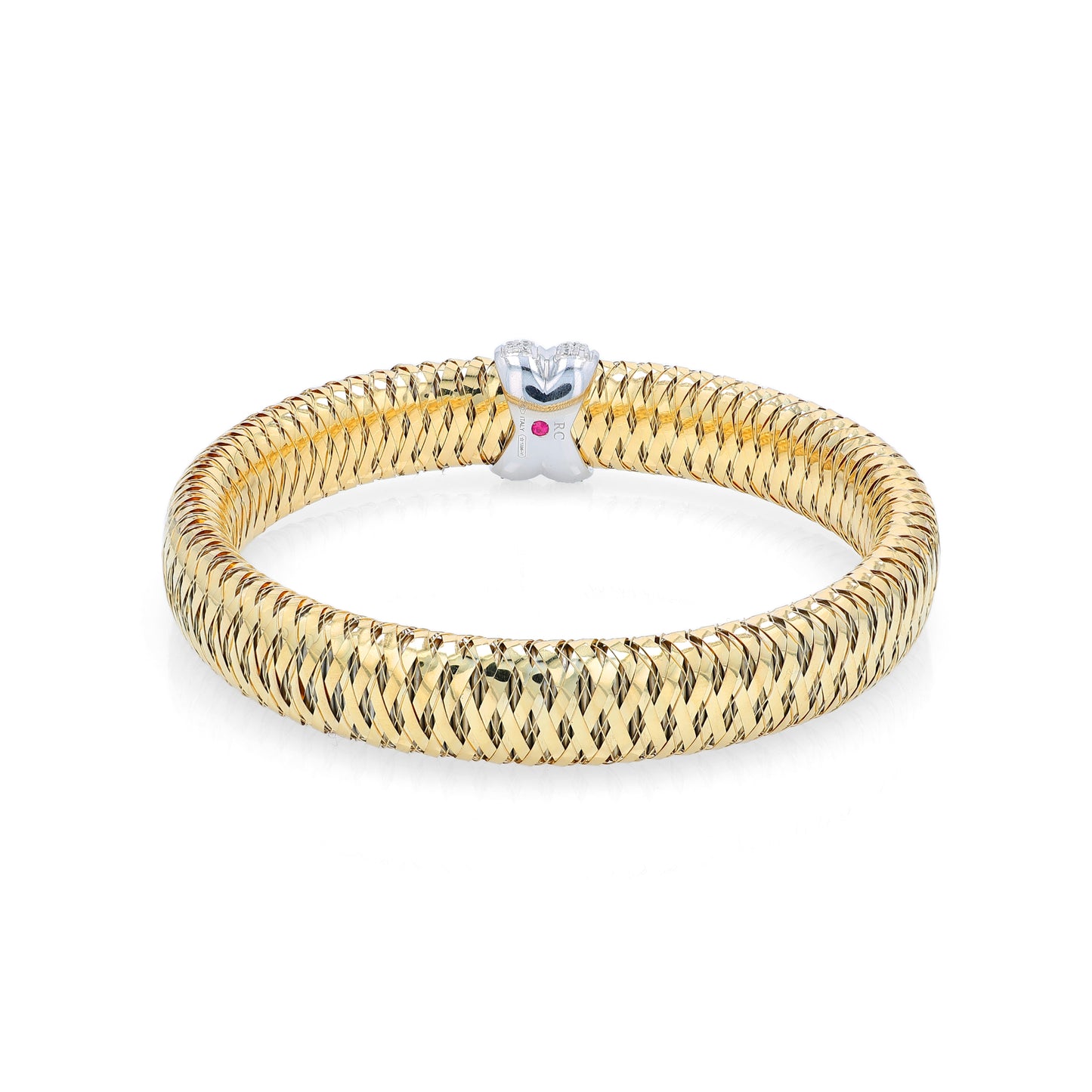 Roberto Coin two-tone gold diamond "X" link flex tubogas bracelet on a white background