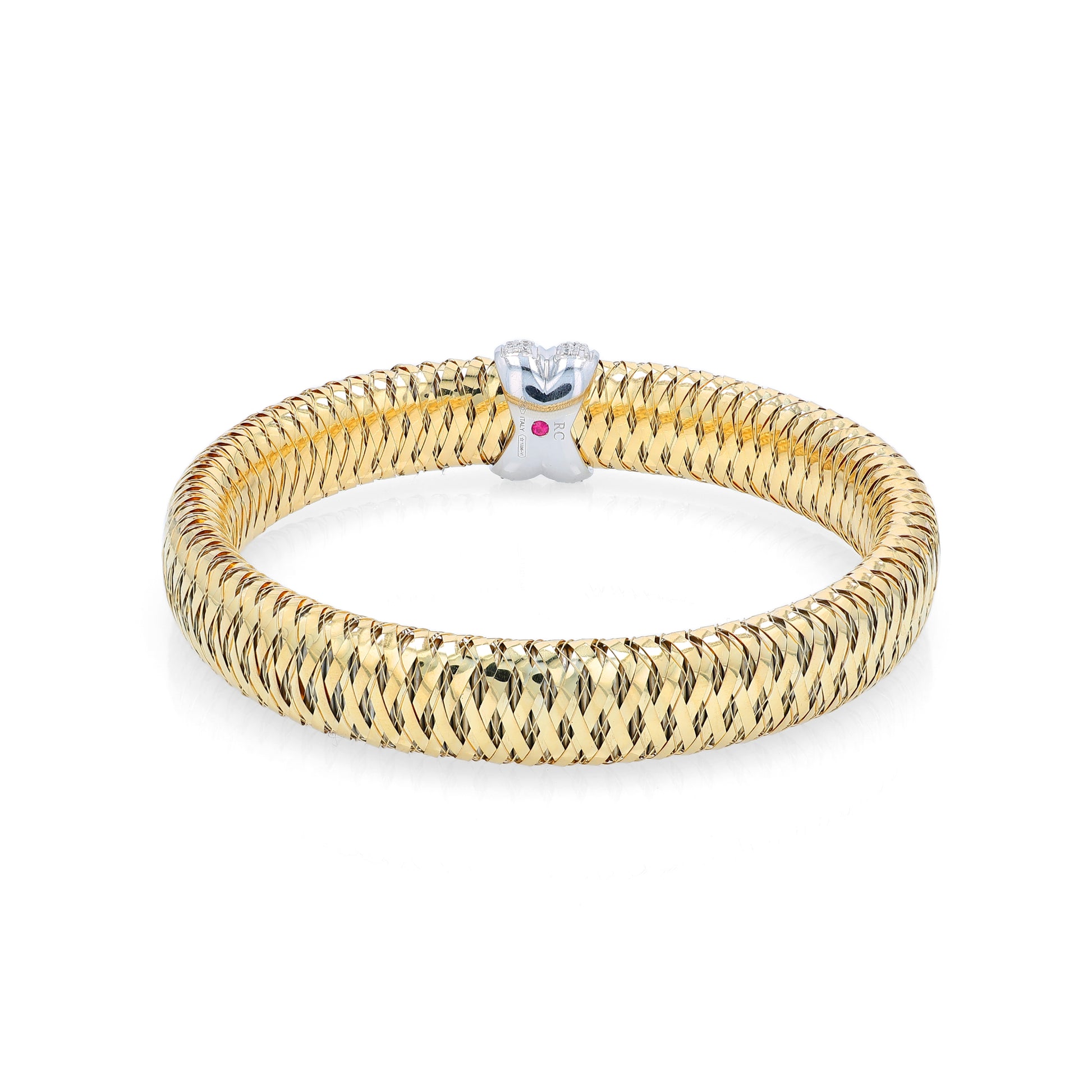 Roberto Coin two-tone gold diamond "X" link flex tubogas bracelet on a white background