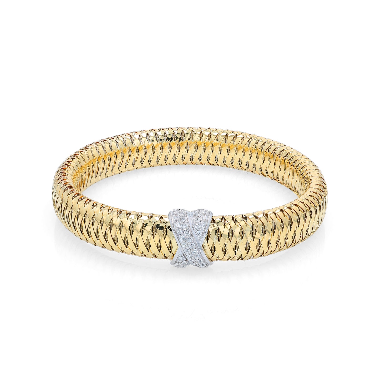 Roberto Coin two-tone gold diamond "X" link flex tubogas bracelet on a white background