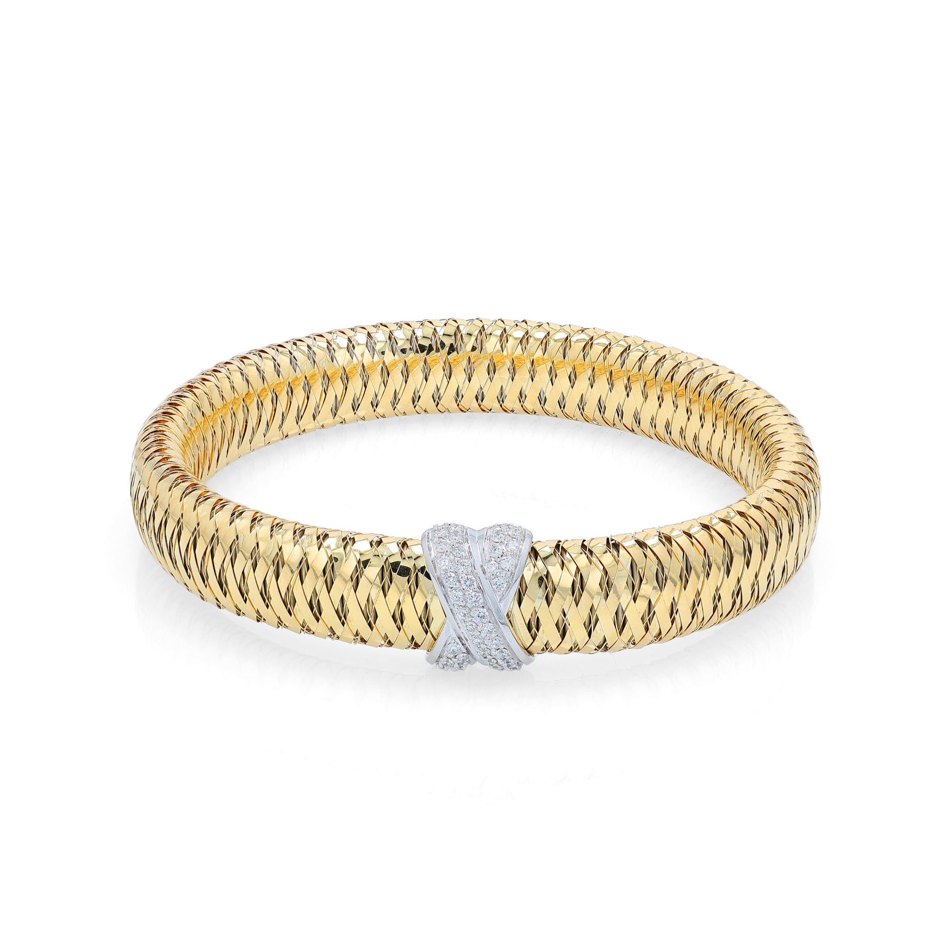 Roberto Coin two-tone gold diamond "X" link flex tubogas bracelet on a white background