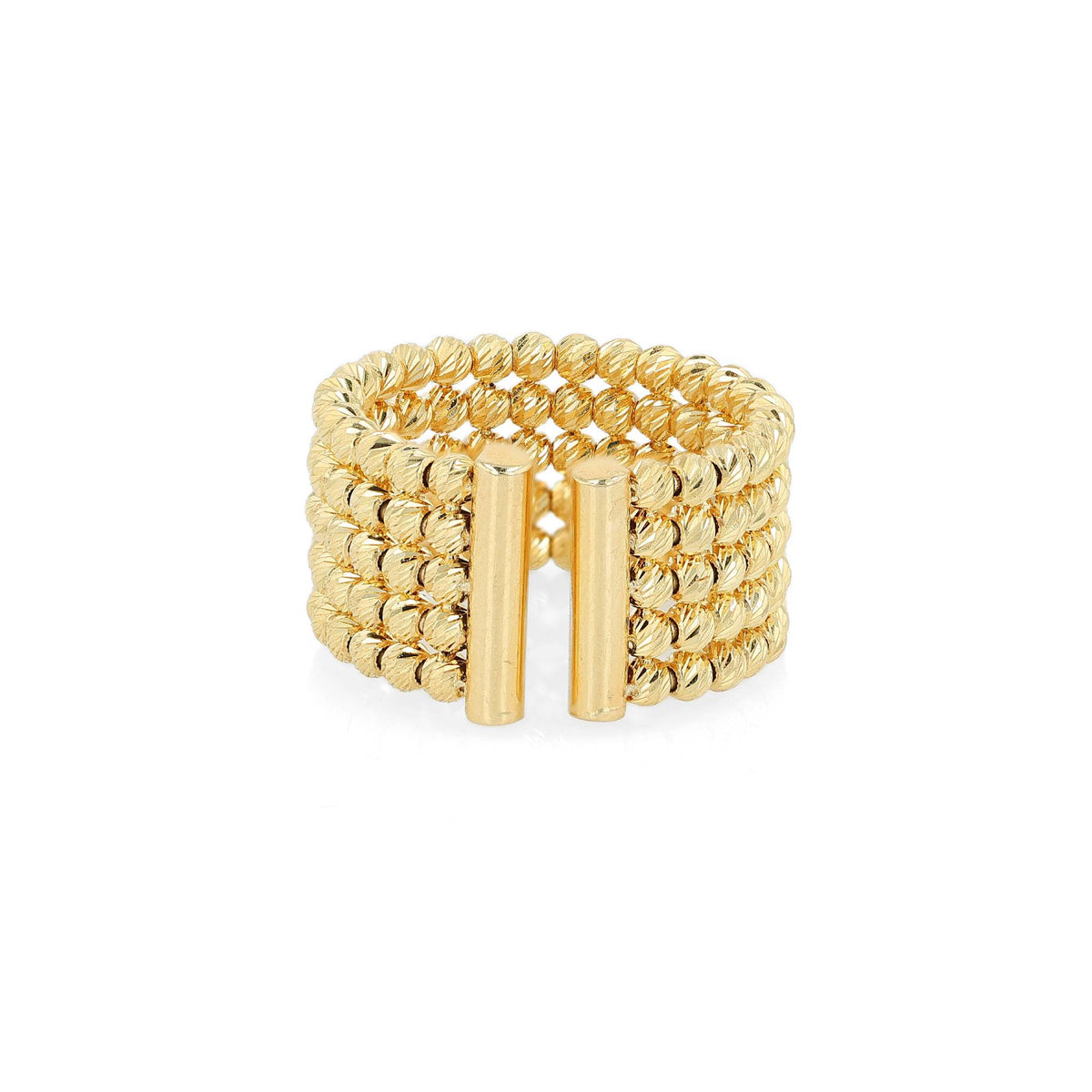A wide gold-plated multi-row beaded ring with two vertical gold bars in the front, displayed on a clean white background.