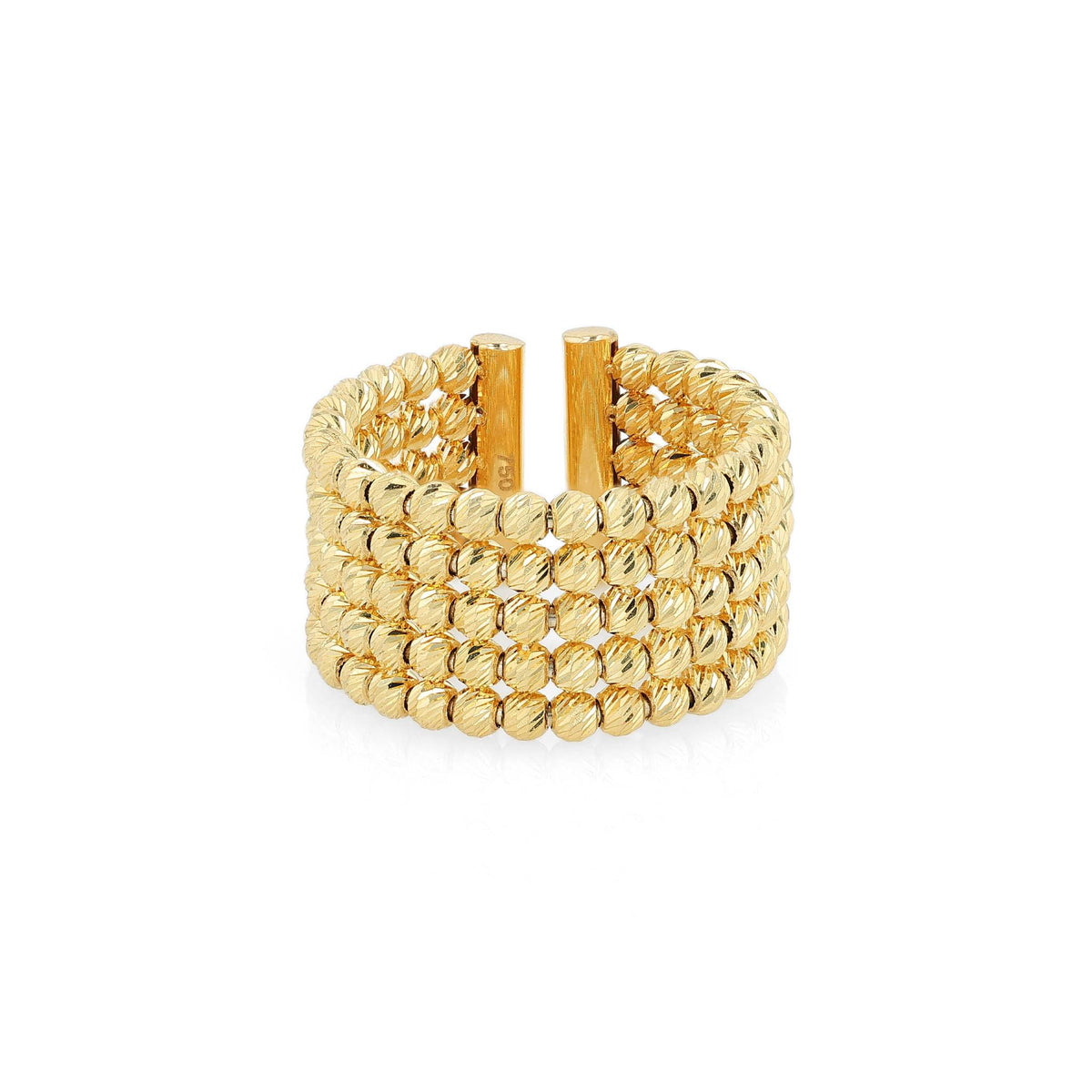A wide gold-plated multi-row beaded ring with two vertical gold bars at the back, displayed on a clean white background.