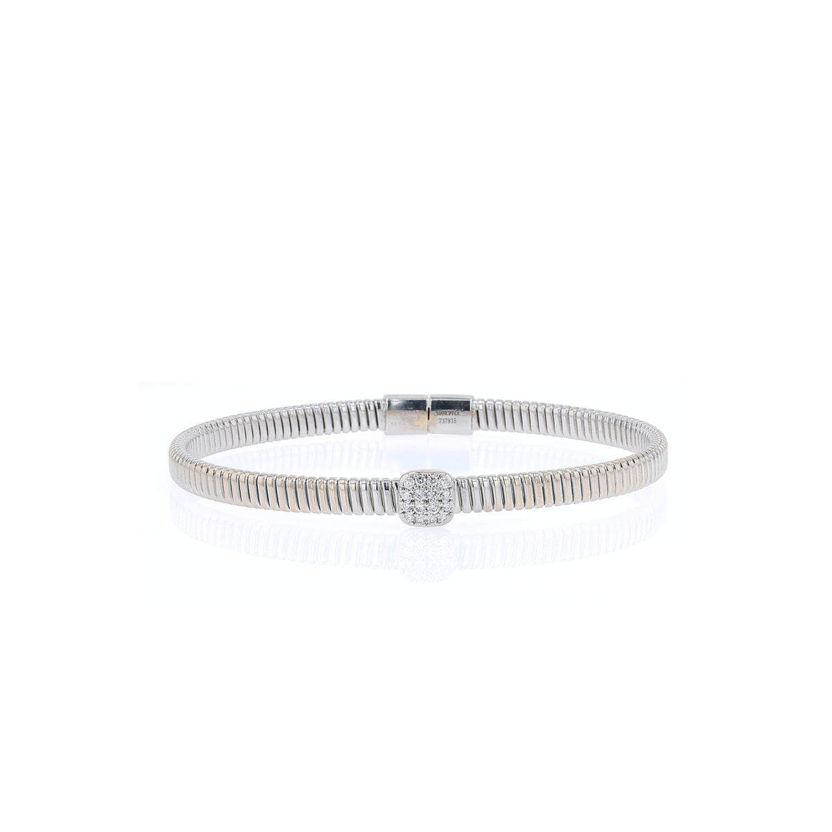 Estate Simon G 18k White Gold and Pave Square Diamonds Ribbed Bangle Bracelet