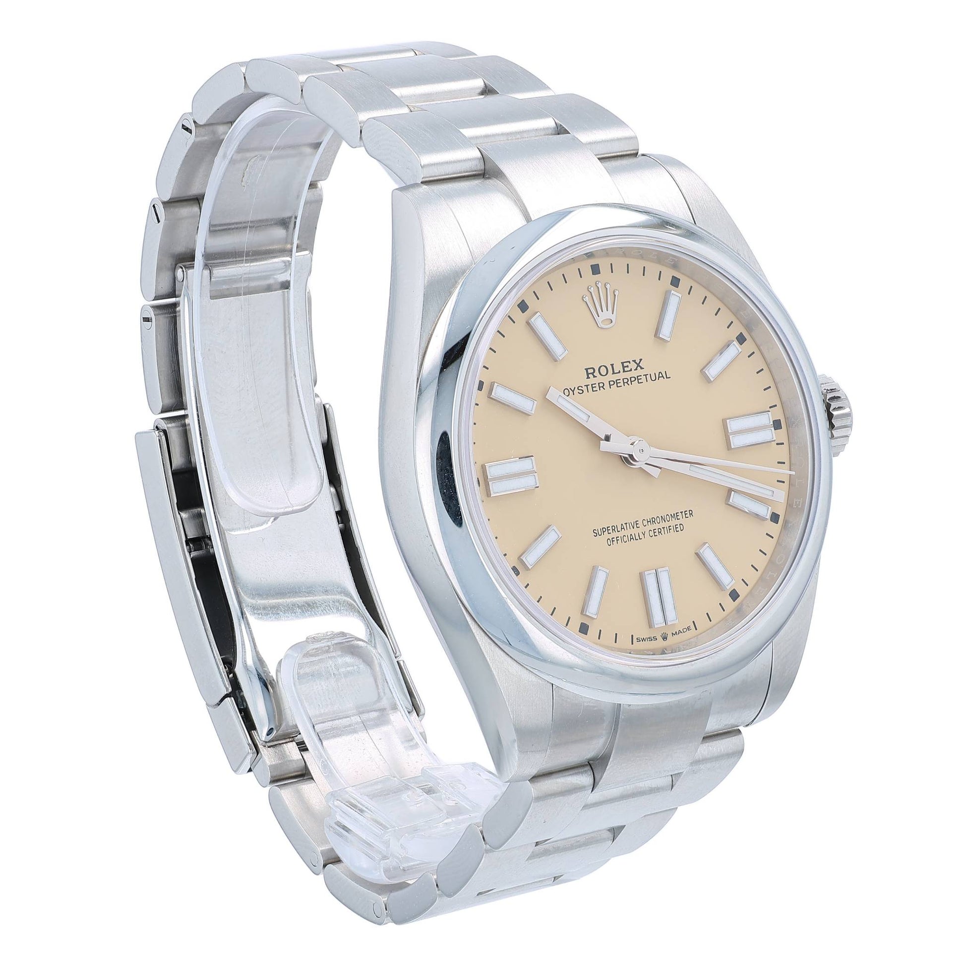 A Rolex Oyster Perpetual watch with a stainless steel bracelet and a beige dial, shown against a plain white background.