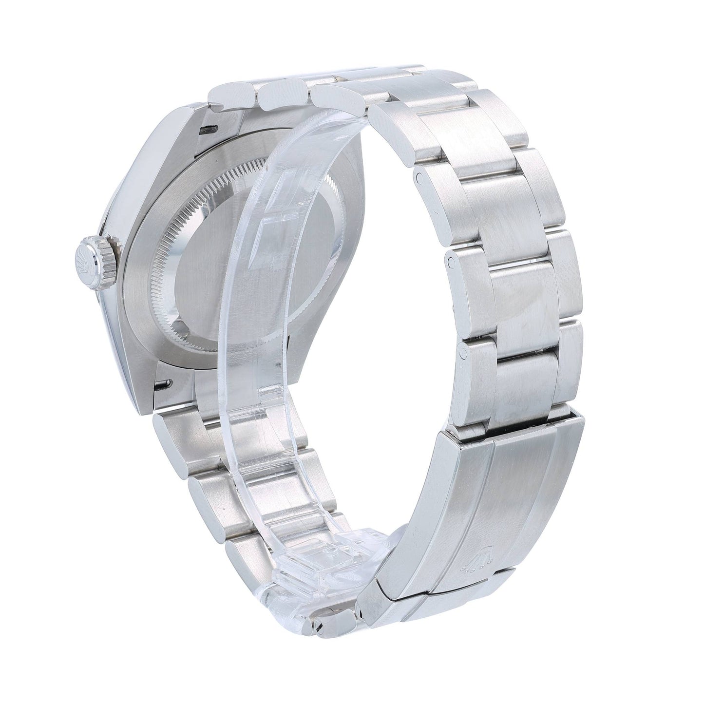 A Rolex Oyster Perpetual watch with a stainless steel bracelet and a beige dial, shown against a plain white background.